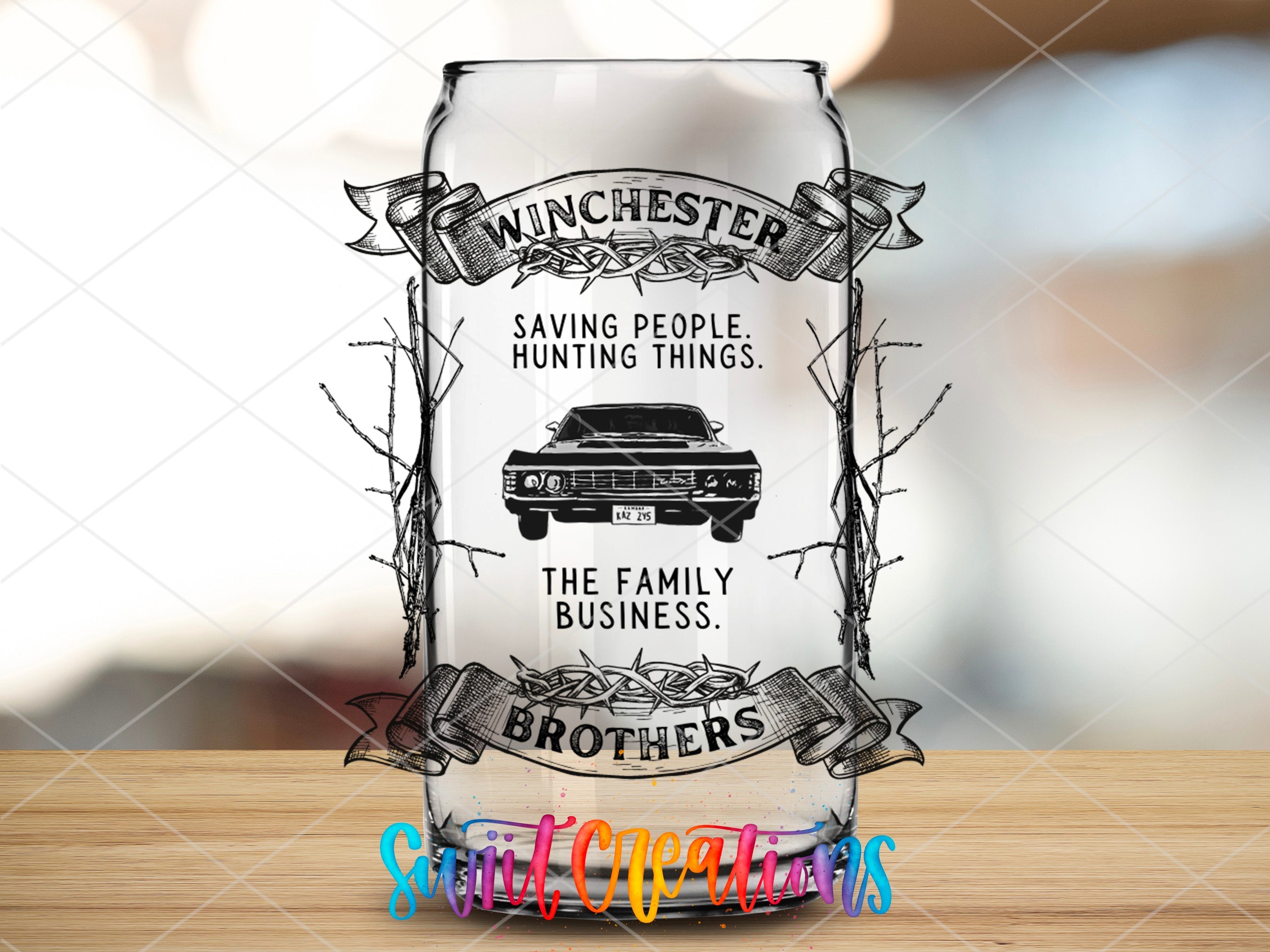 a glass with a picture of a car on it