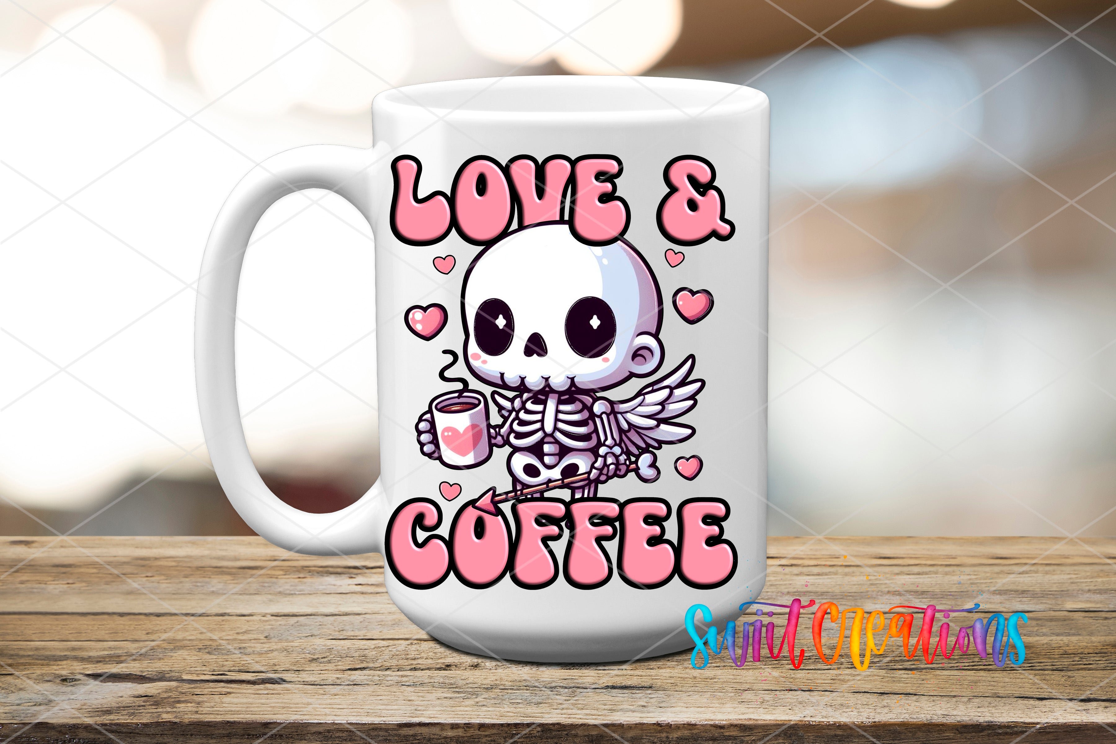A white ceramic mug with a cartoon skeleton holding a coffee cup and the text "Love & Coffee" printed on it.