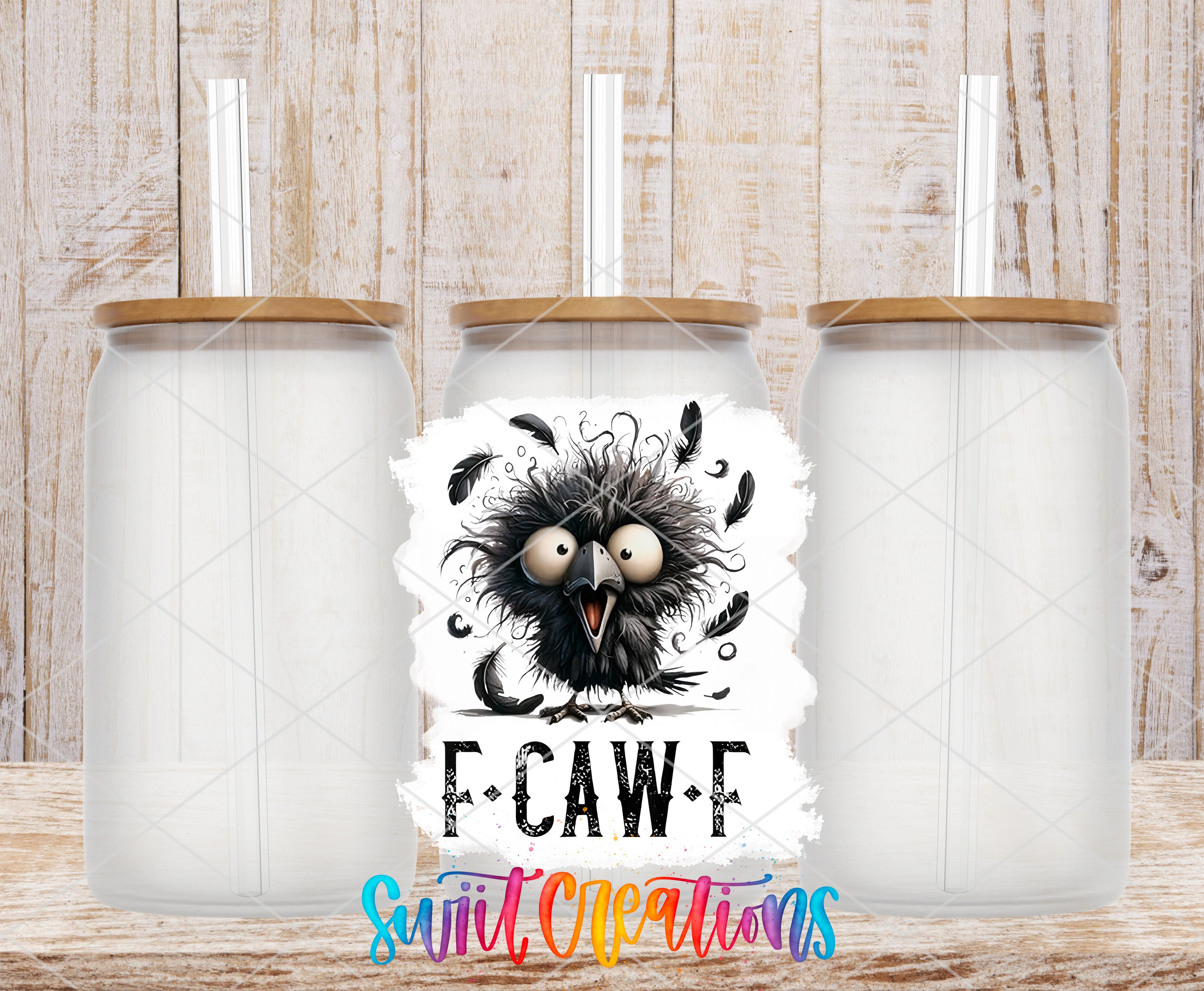 a cartoon bird with a comical expression, surrounded by a colorful and whimsical design.