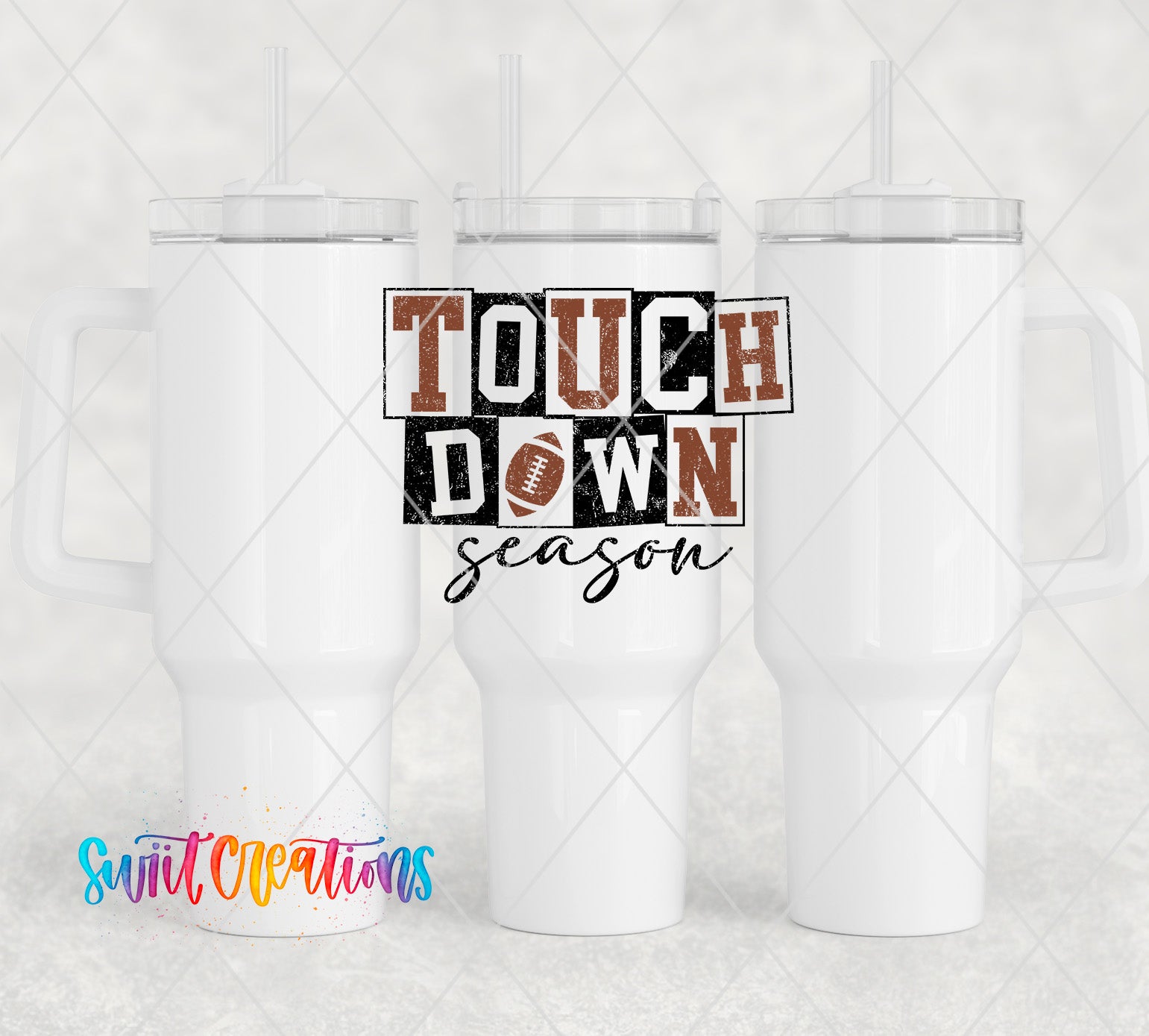 two white tumblers with the words touch down season on them