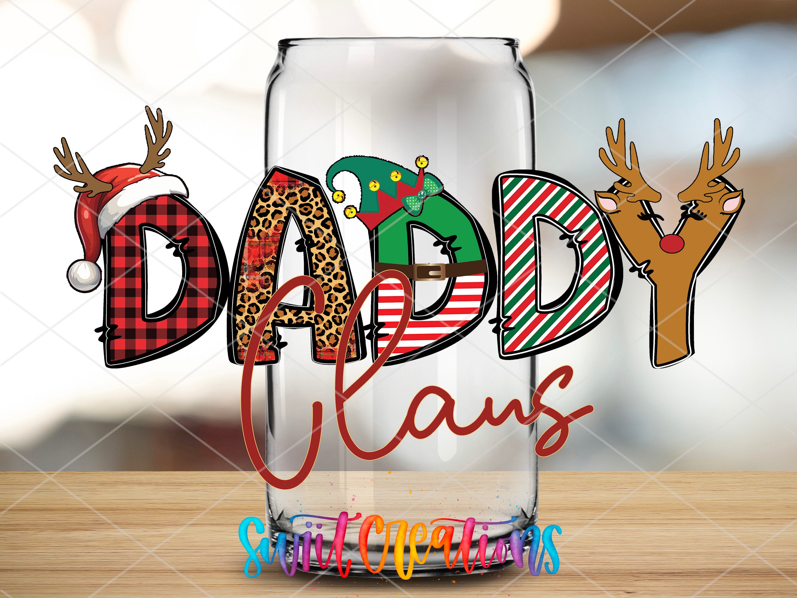 a glass with the word daddy claus on it