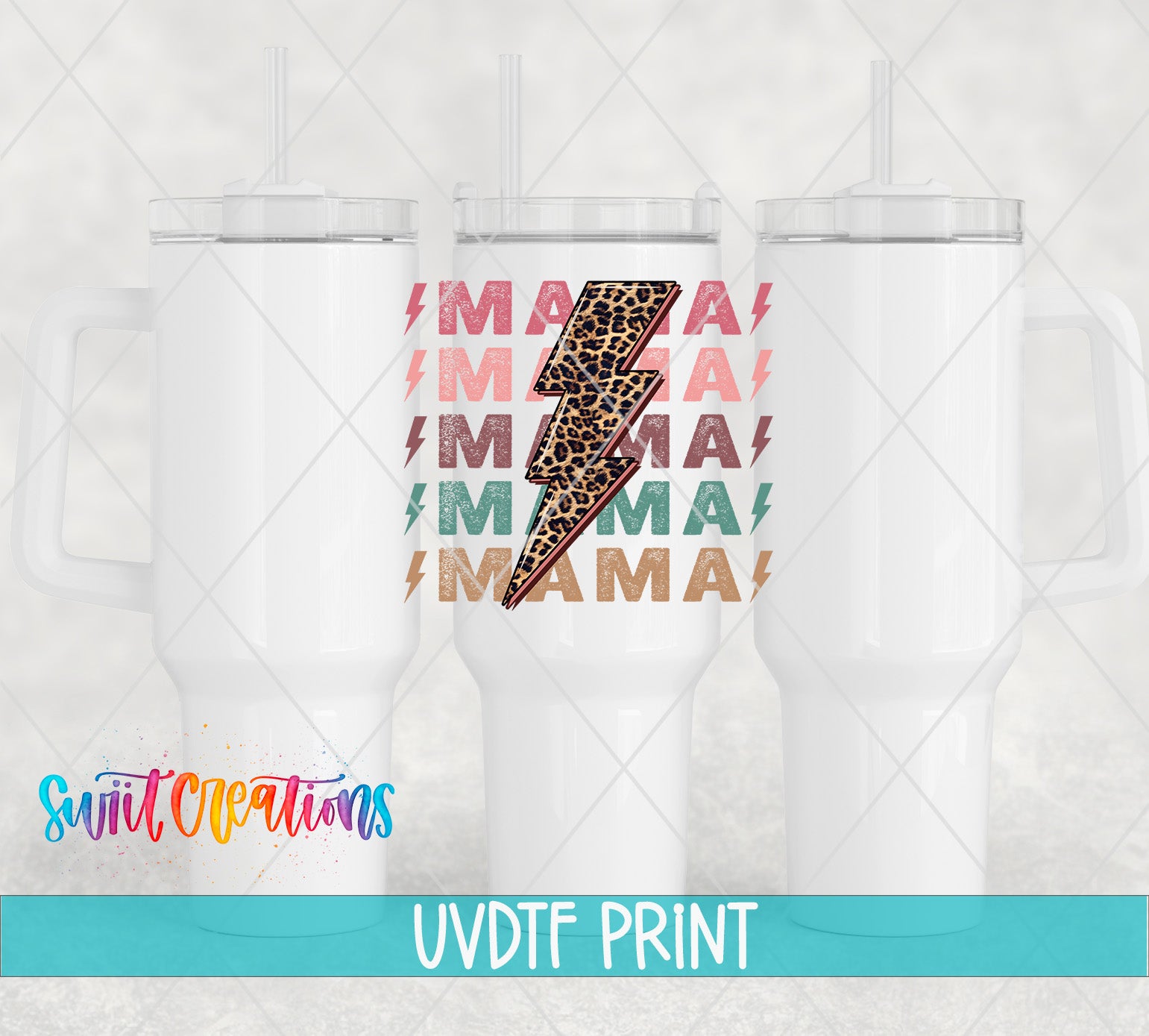 a white tumbler with a leopard print design and a repeating pattern of the word "MAMAS" in various colors.