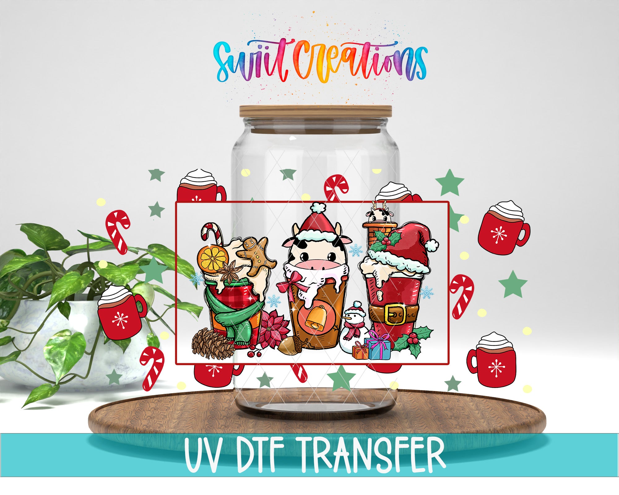 The image is a collage featuring a glass jar with a lid, surrounded by various Christmas-themed elements such as a cow, a snowman, and Christmas trees. The text "Swift Creations" is written above the jar, and the phrase "UV DFT Transfer" is written at the bottom of the image.