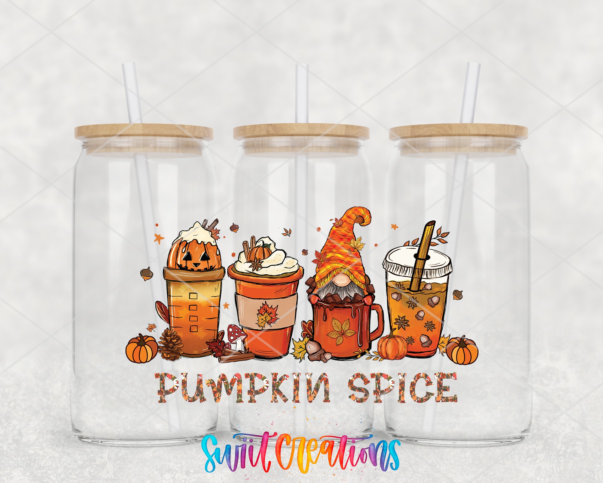 three glass jars with lids, each containing a different beverage and decorated with autumn-themed elements such as pumpkins, gourds, and leaves. The text "PUMPKIN SPICE" is displayed prominently in the center of the image, suggesting the theme of the jars.
