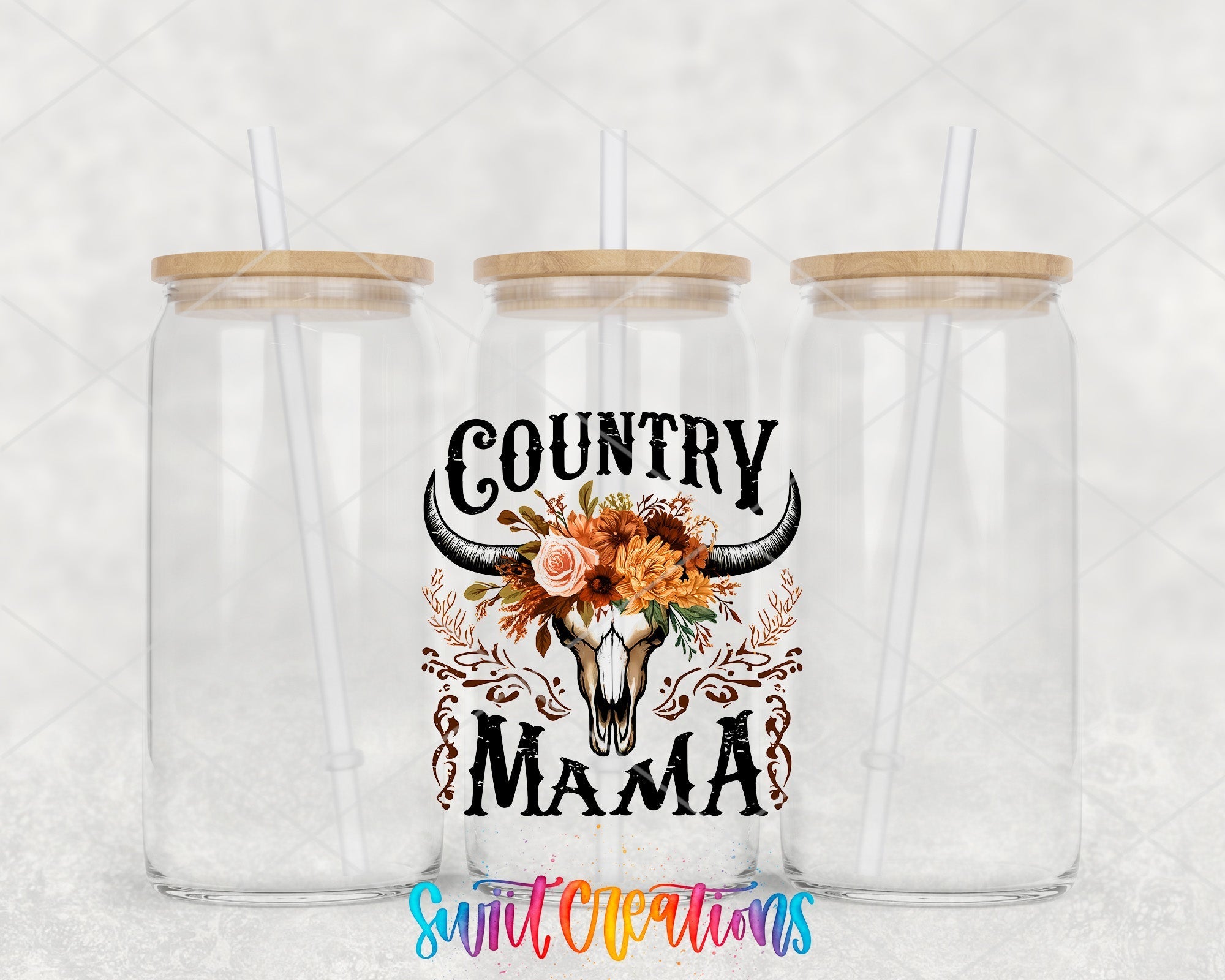 two clear tumblers with the words country mama printed on them