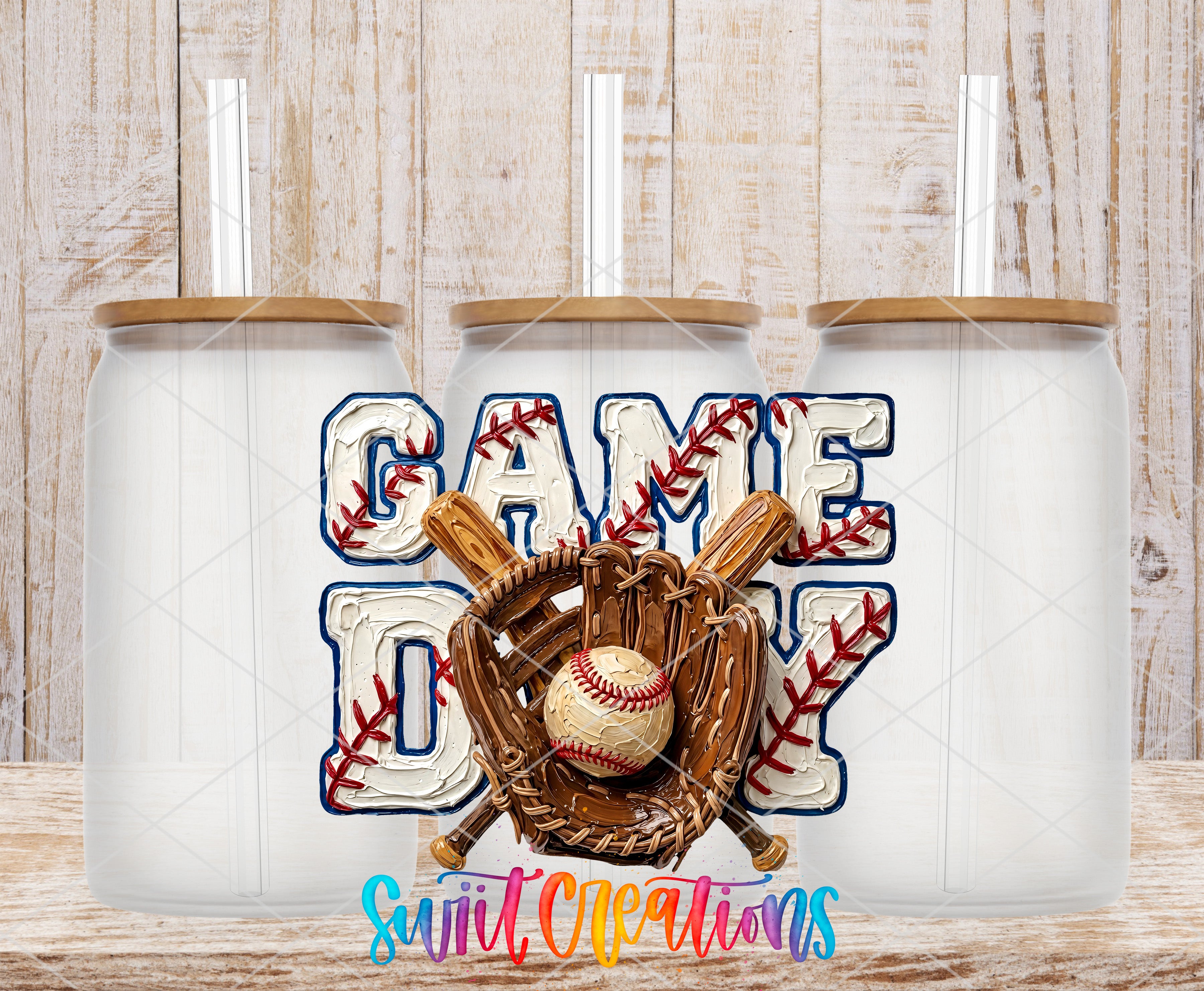 three white glass jars with brown lids, each containing a baseball glove and ball, arranged in a row. The word "GAME DAY" is prominently displayed in the center of the image, with the baseball gloves and ball positioned in front of it.