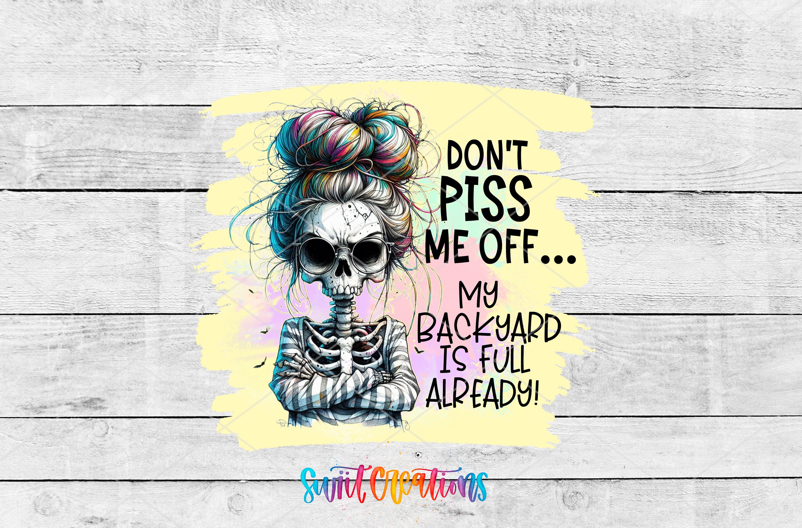 a woman with a skull on her head and a sign that says don't