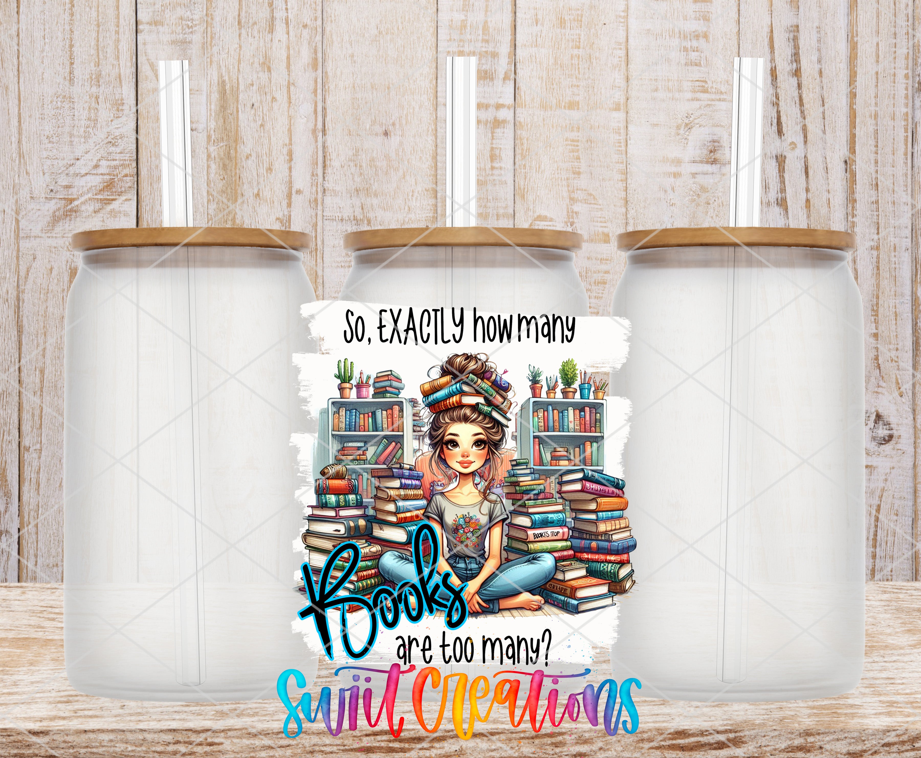 a collage of three glass jars with lids, each containing a stack of books. The jars are arranged in a row, with the middle jar having a colorful illustration of a woman surrounded by books. The text "So, EXACTLY how many books are too many? Suitcases" is displayed in the center of the image, suggesting a humorous take on the number of books one might carry.
