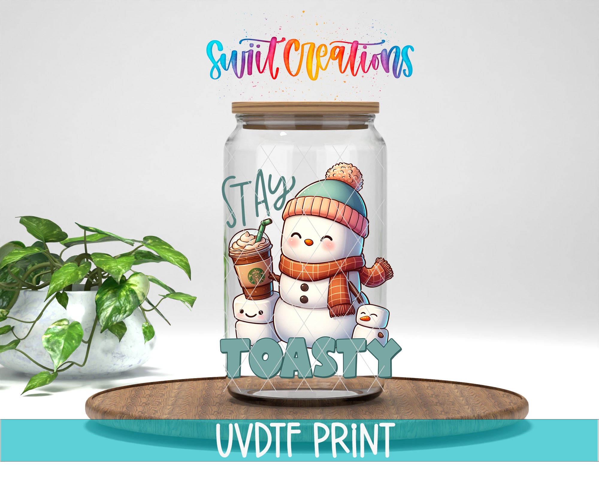 a glass jar filled with a snowman and two snowmen