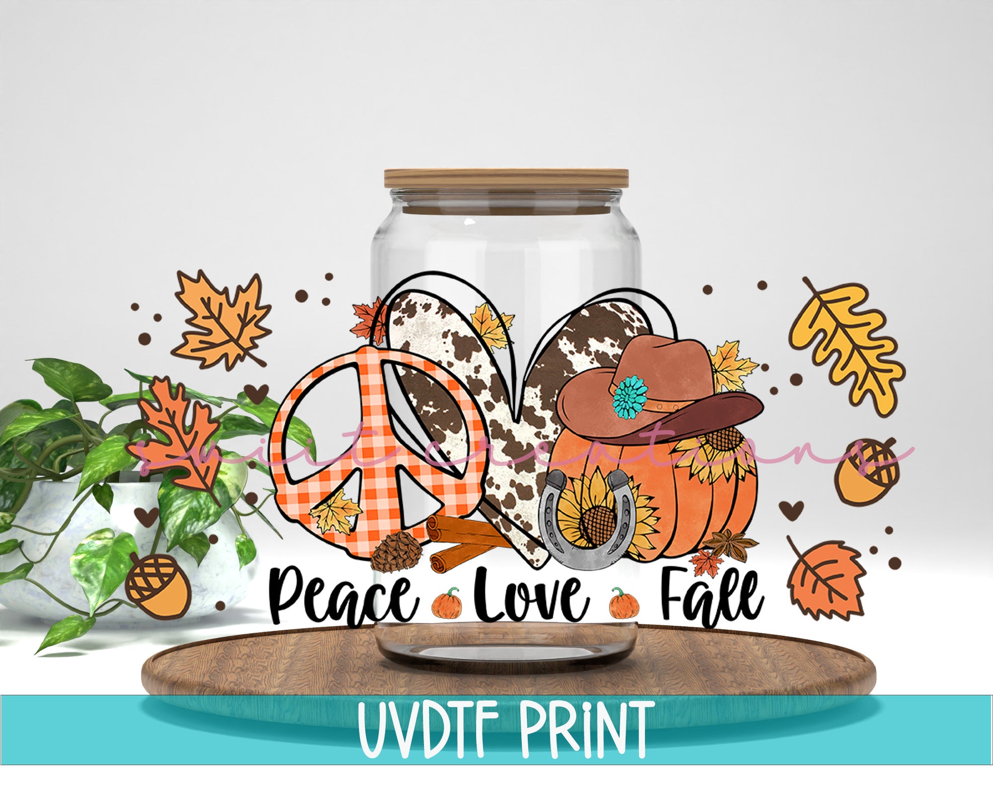 a jar with a peace love fall design on it