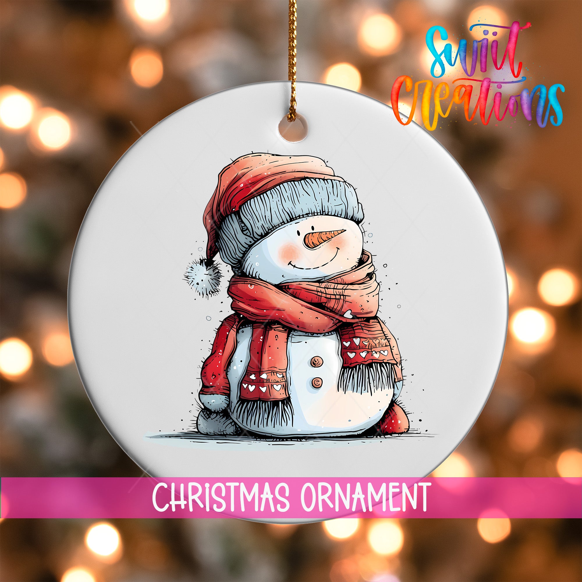 A snowman ornament with a red scarf and hat, sitting on a snowy surface, is the main focus of the image.