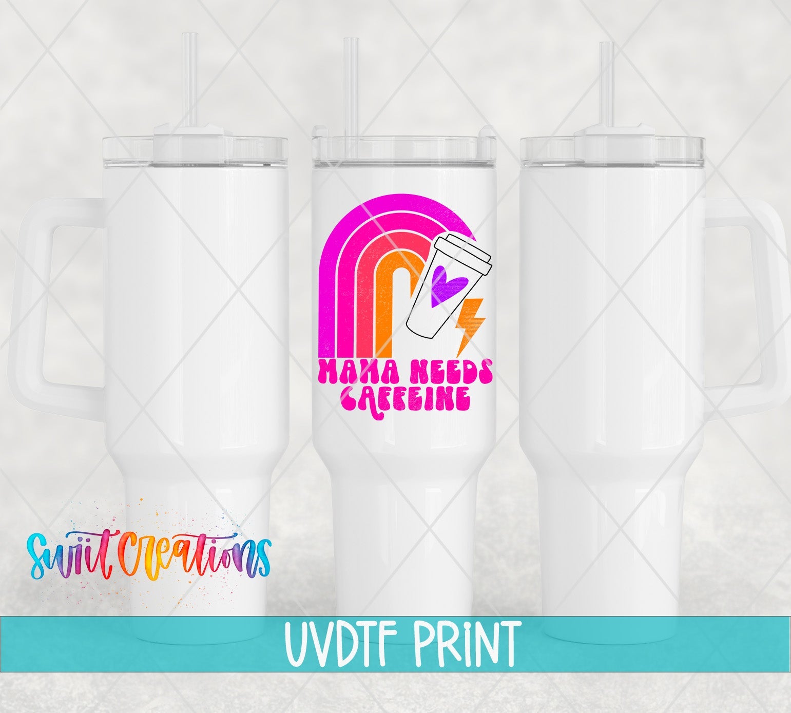 a set of three white tumblers with a rainbow design