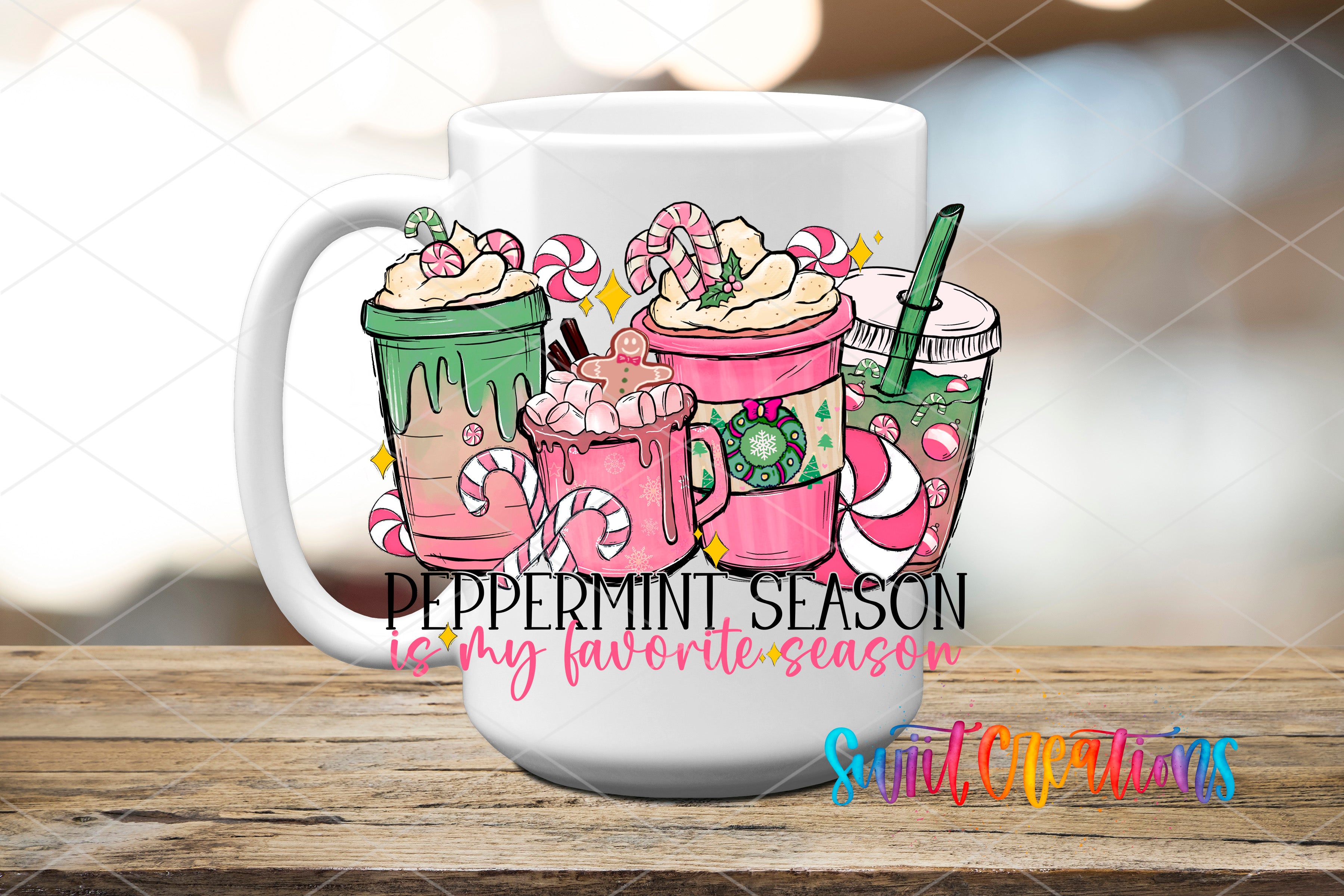 A white mug with a colorful illustration of various hot beverages, including peppermint drinks and coffee drinks, along with candy canes and other festive decorations. The mug has a text overlay that reads "Peppermint Season is my favorite season".