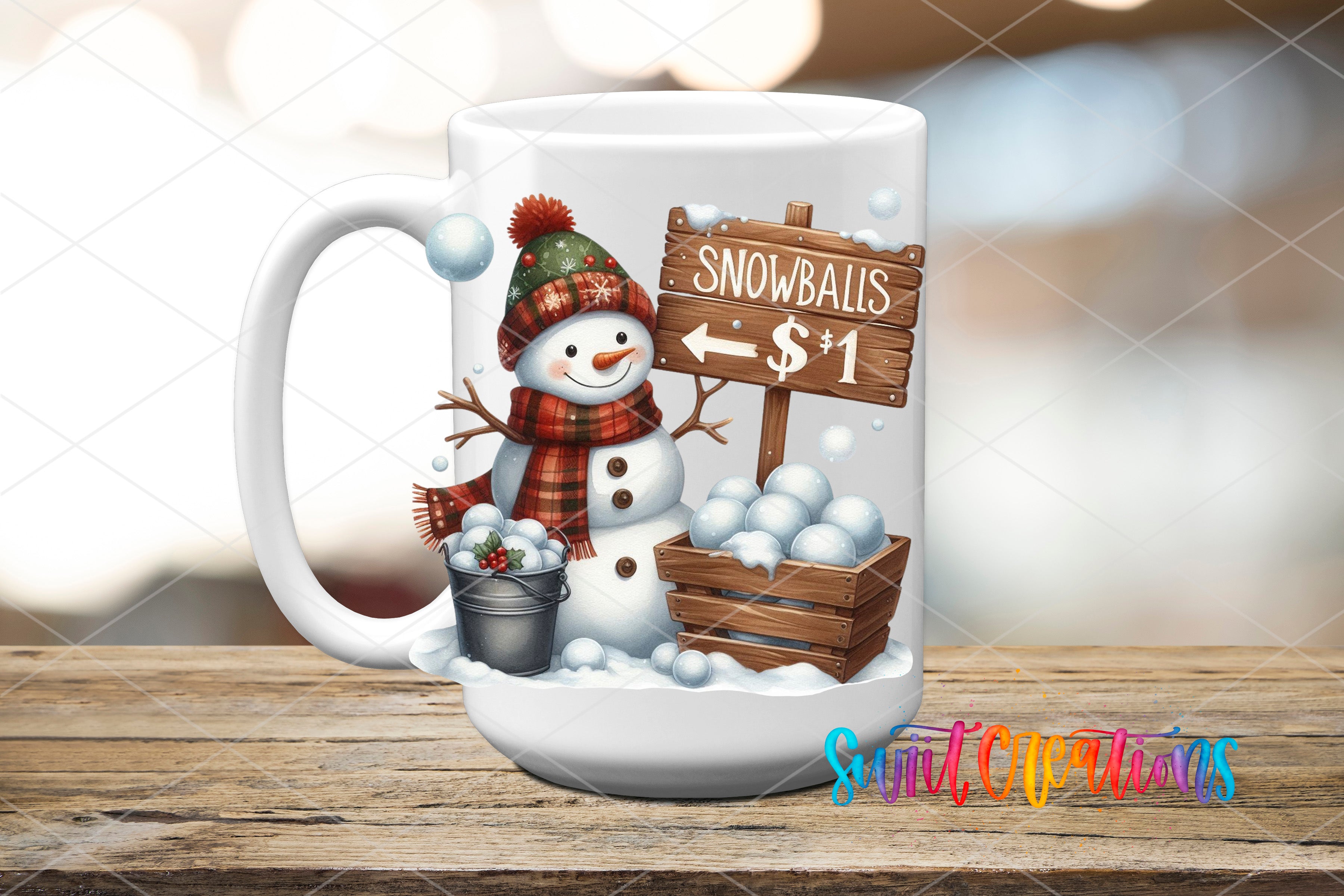 A white mug with a snowman and snowballs on it, along with a sign that says "Snowballs $1".