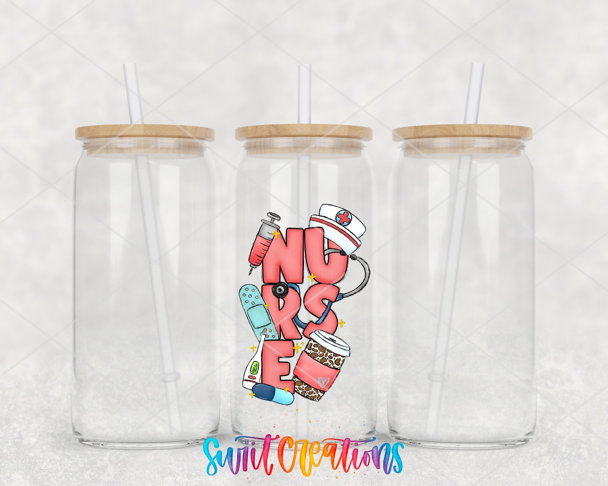 two plastic cups with straws on top of them