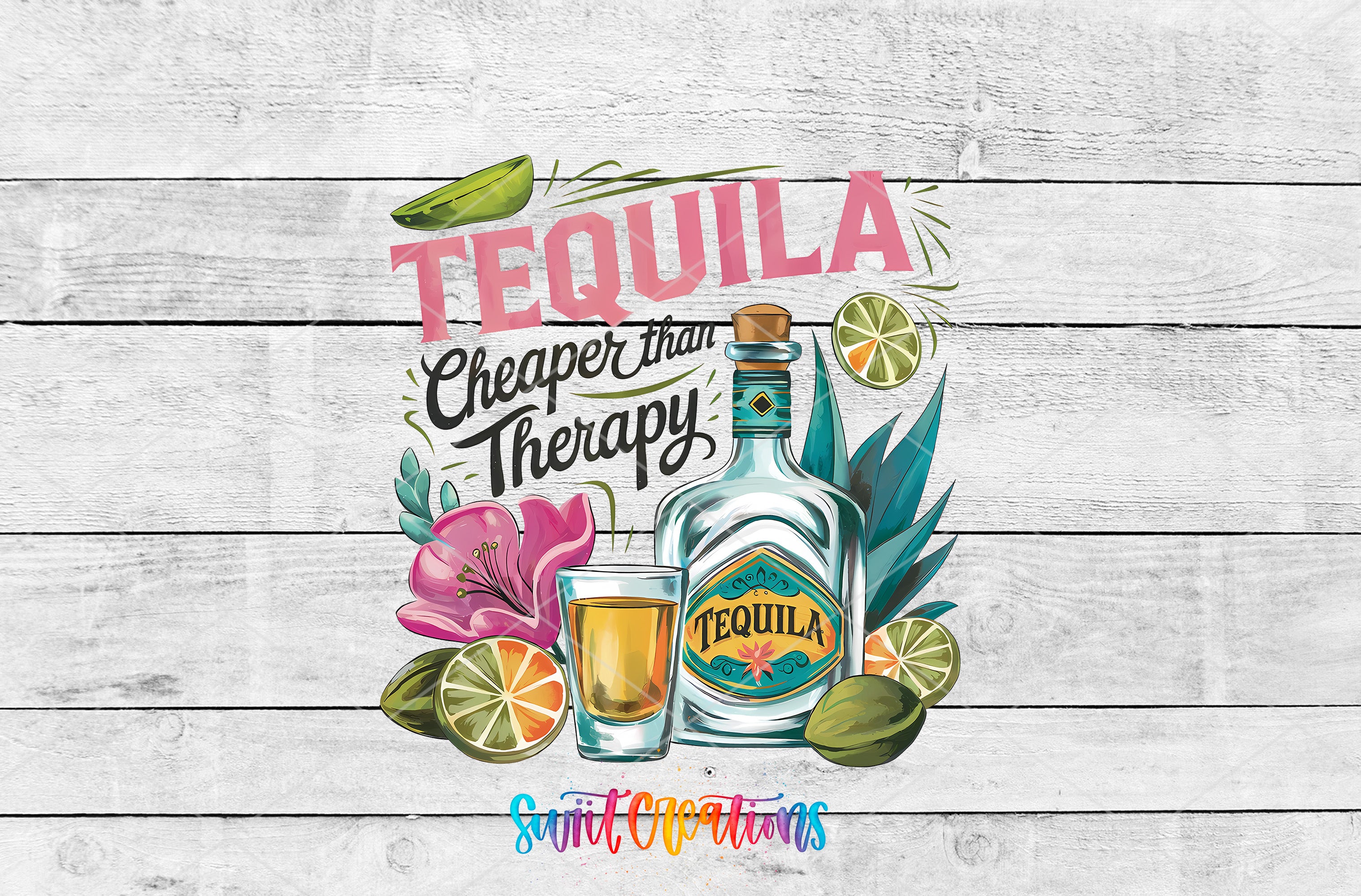 a colorful illustration of a tequila bottle surrounded by various tequila-related items, such as a glass of tequila, a lime, and a flower, all set against a wooden background.