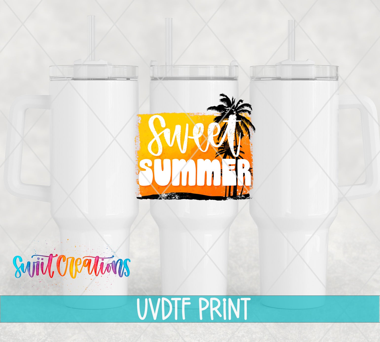 three white tumblers with a printed design on them, including a palm tree and the text "Sweet Summer".
