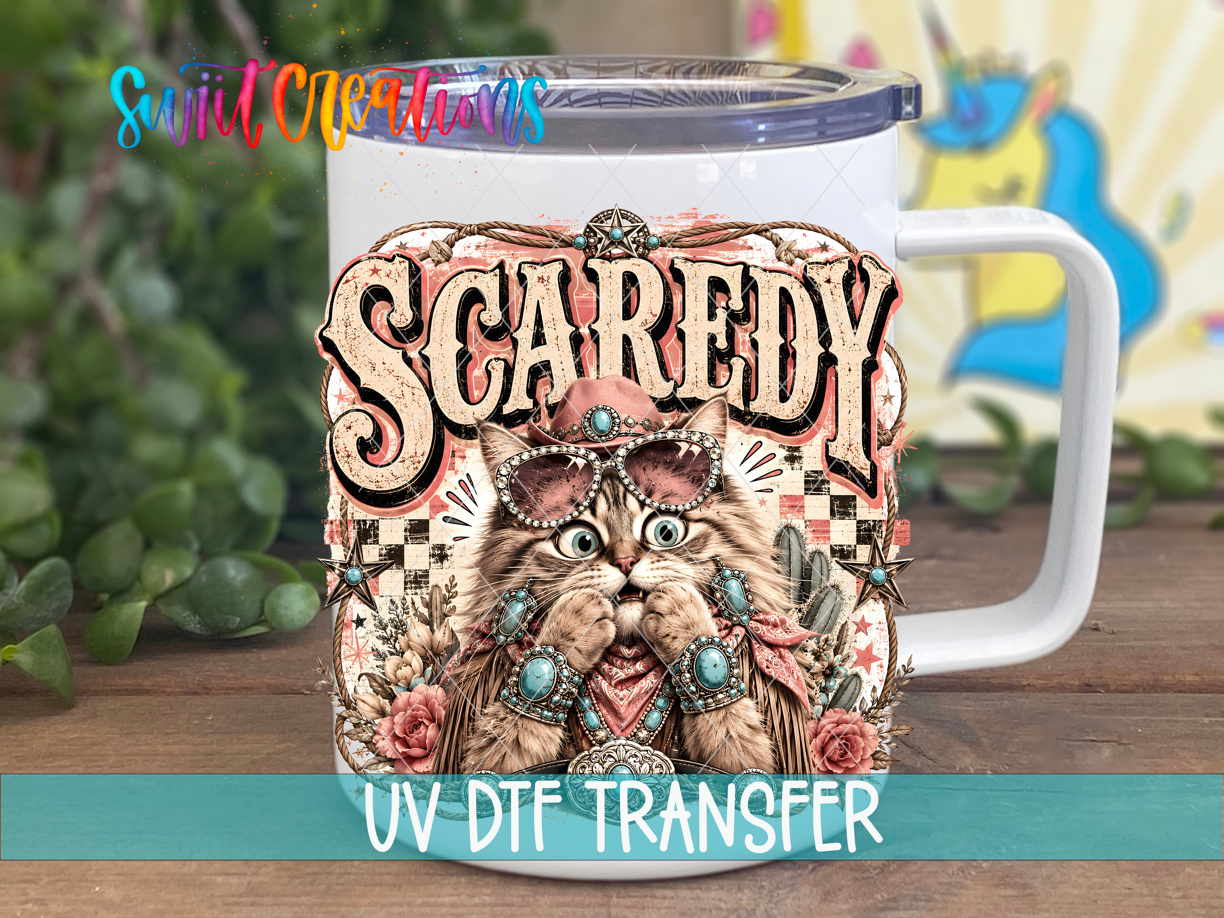 A mug with a colorful, whimsical design featuring a cat with a surprised expression, surrounded by various decorative elements such as flowers, leaves, and a rainbow-colored background.