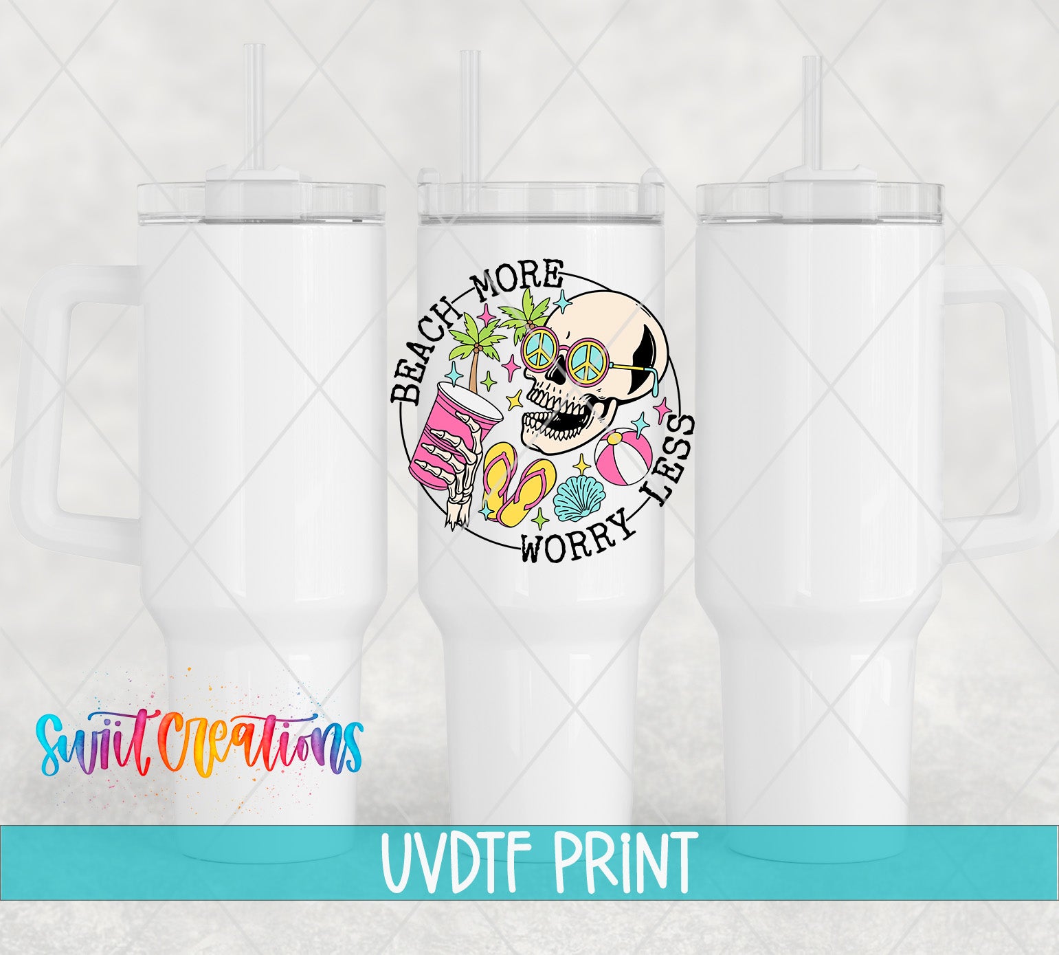three white tumblers with a colorful graphic design on them.