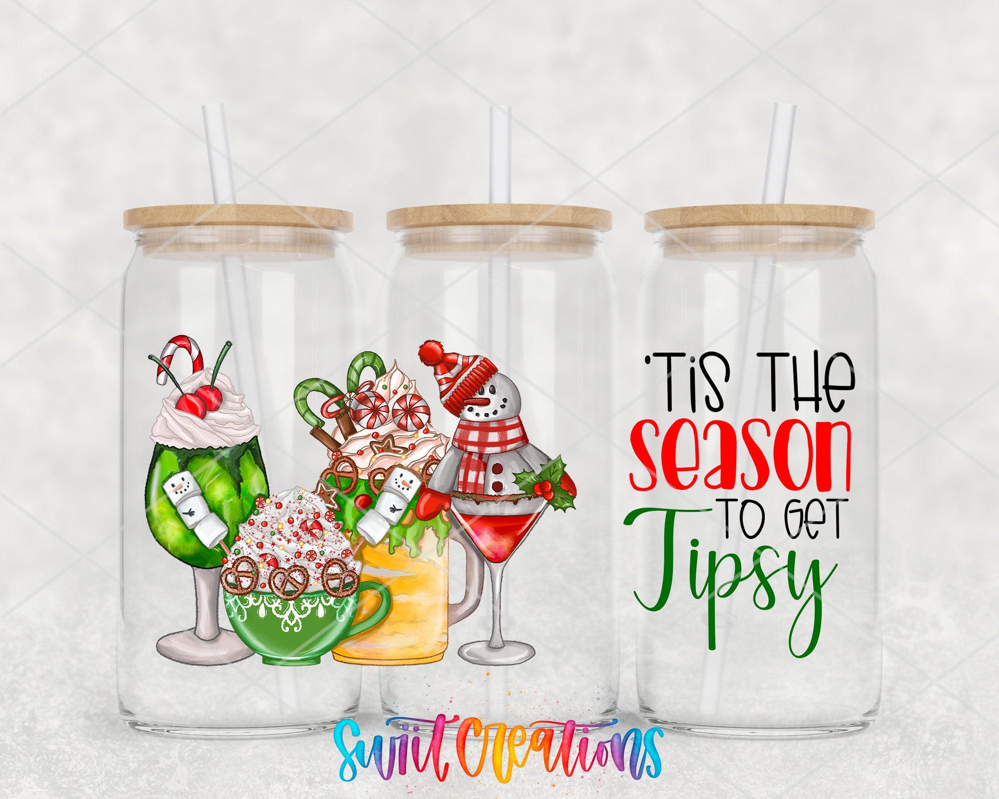 A collage of three glass jars with straws, each containing a different festive drink or dessert, along with a text overlay that reads "Tis the season to get Tipsy".