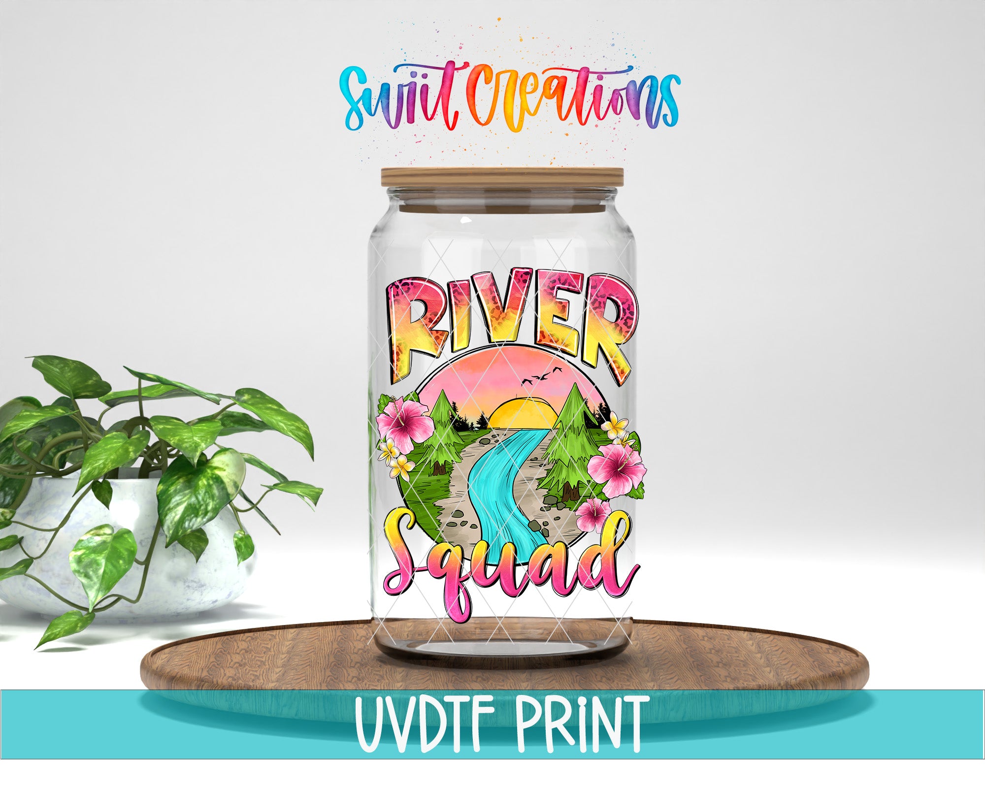a glass jar with a colorful design, including a river, flowers, and a sunset, along with the text "River Squad" and "Swift Creations".