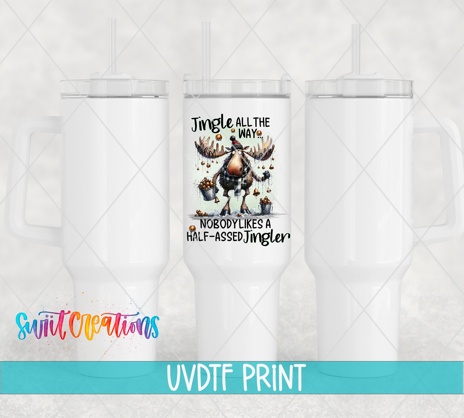 a white tumbler with a picture of a moose on it