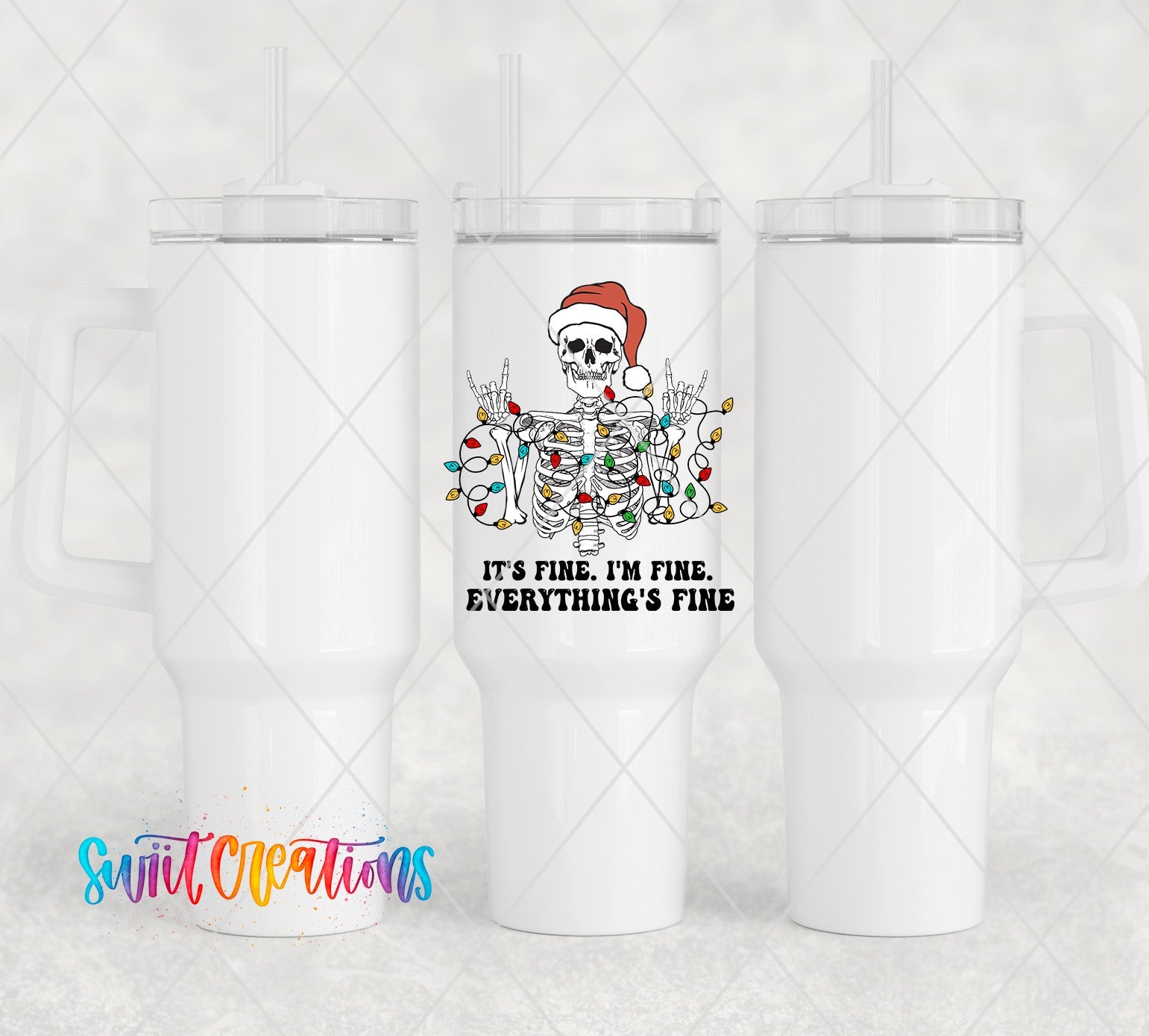 a white tumbler with a santa hat on it