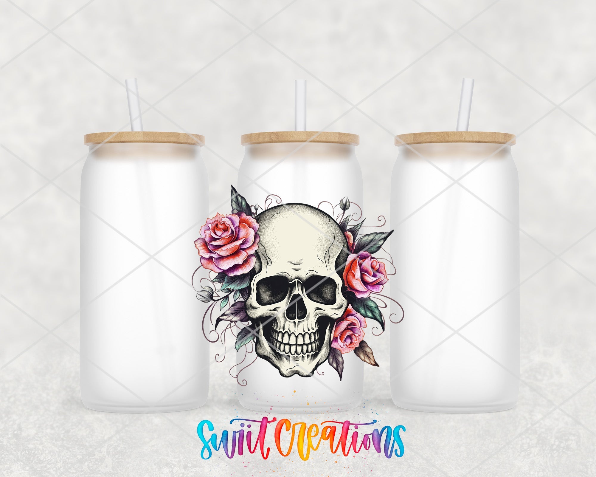 a couple of white mason jars with a skull and roses on them