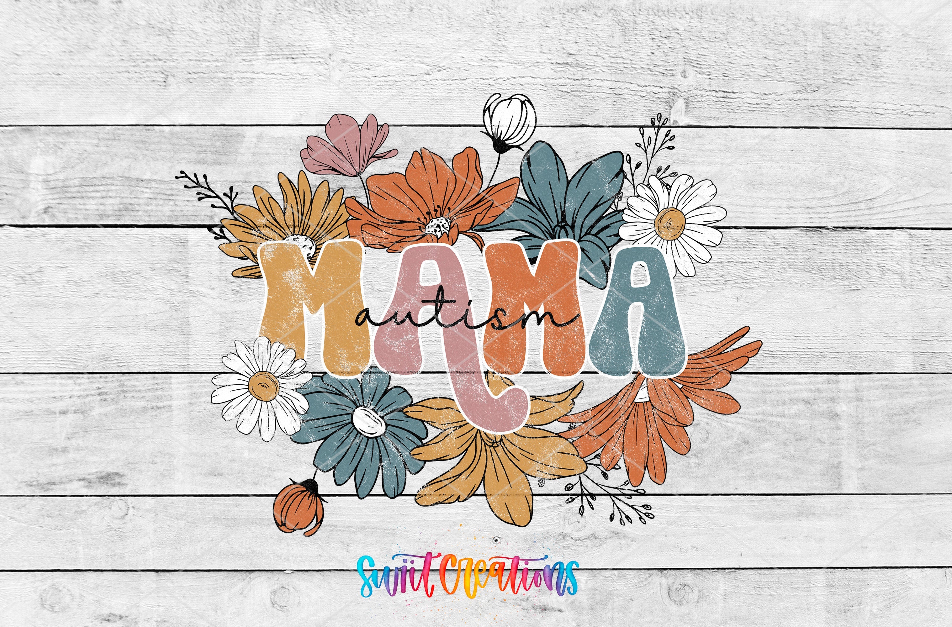the word mama surrounded by flowers on a wooden background