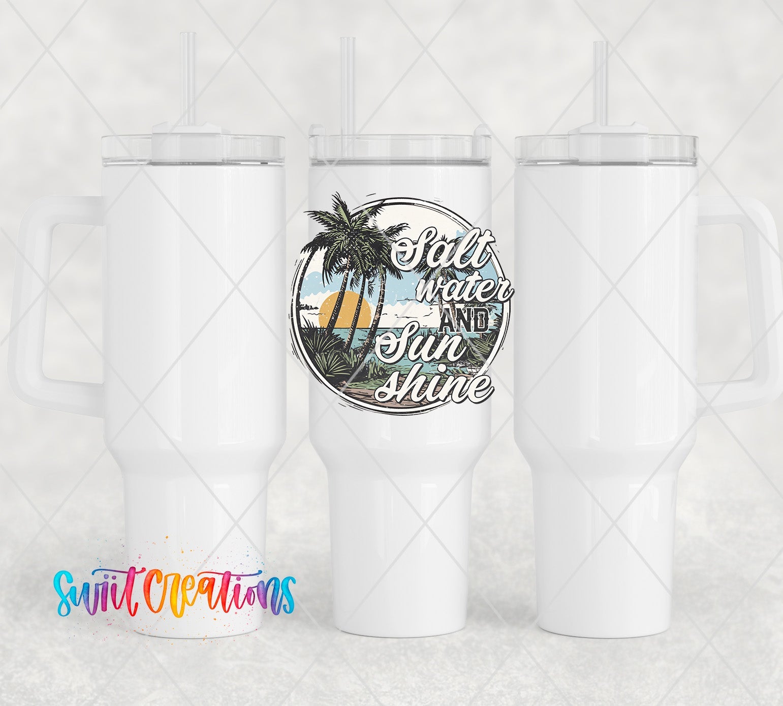 a white tumbler cup with a palm tree and surfboard on it