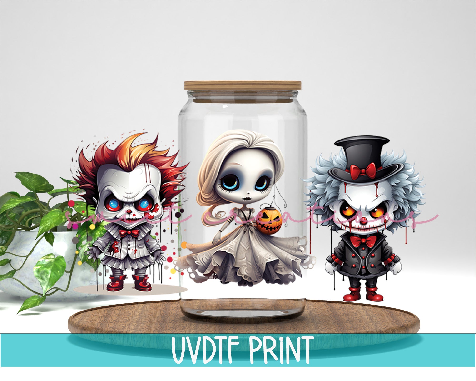 three cute little dolls in a glass jar
