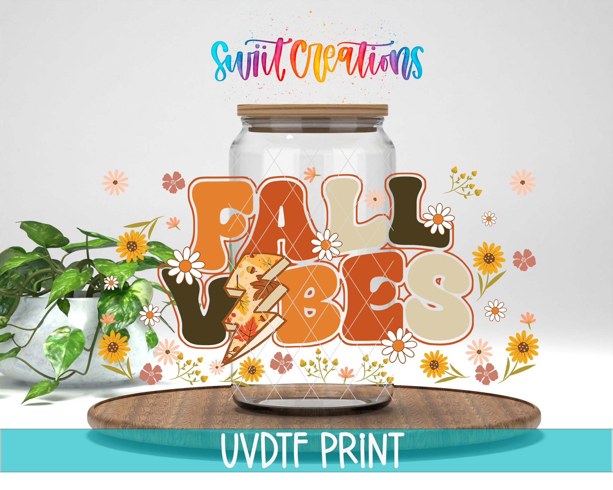 The image is a colorful graphic design featuring a glass jar with a lid, surrounded by flowers and the text "FALL VIBES" in a stylized font.