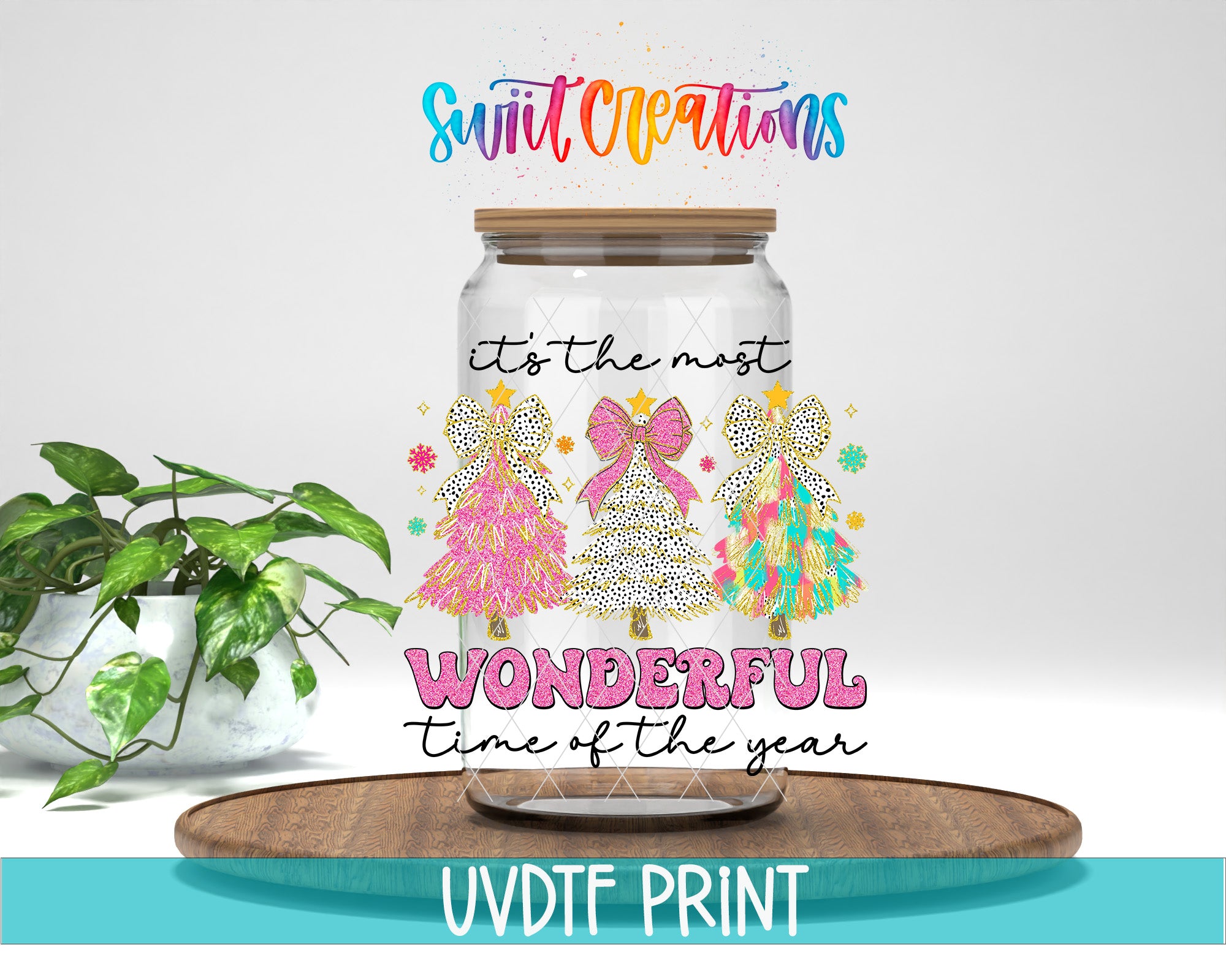a glass jar with a lid, decorated with Christmas trees and bows, along with a colorful text overlay that reads "It's the most WONDERFUL time of the year" and "Swift Creations".