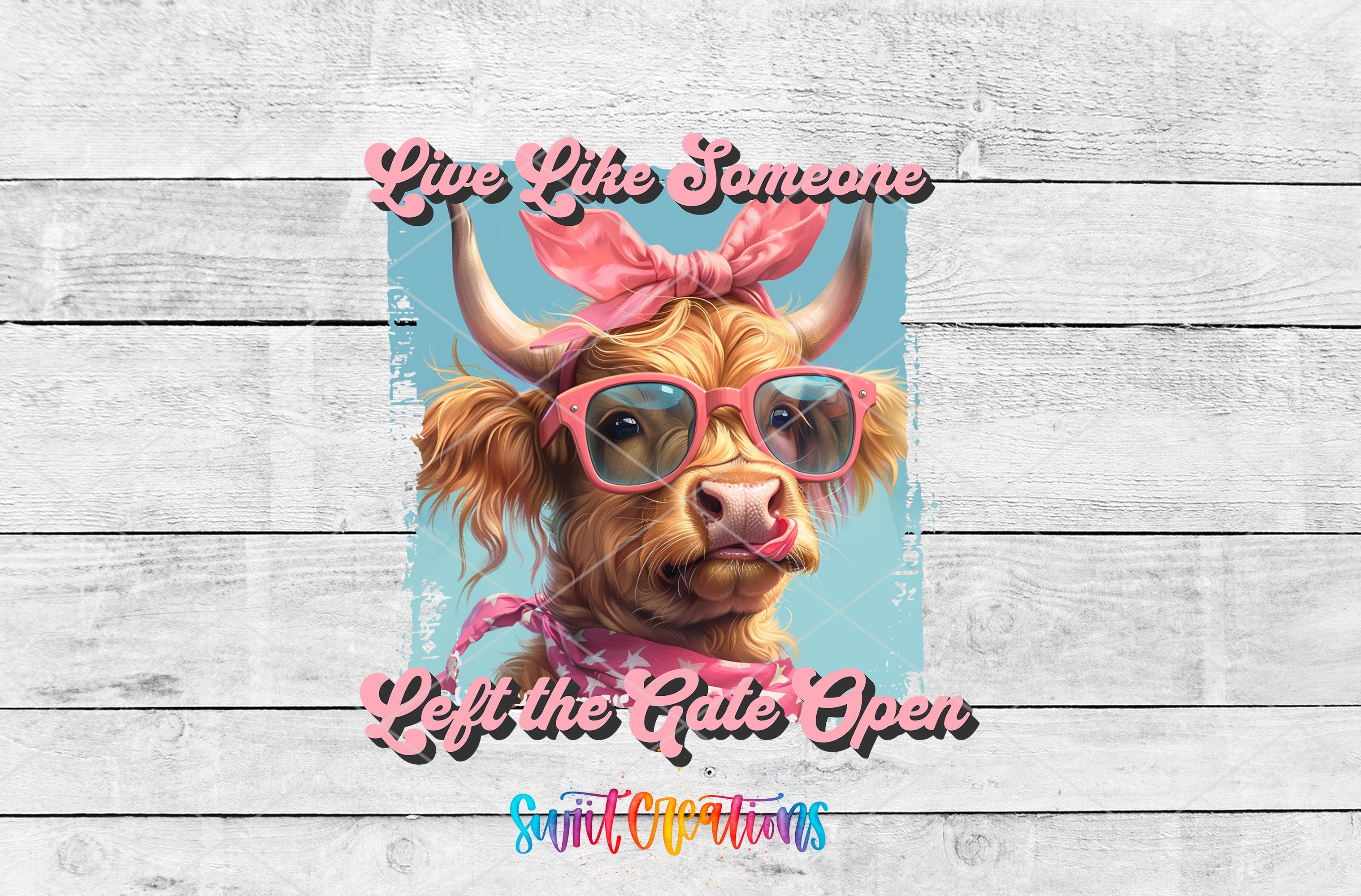 a picture of a cow wearing sunglasses and a pink bow