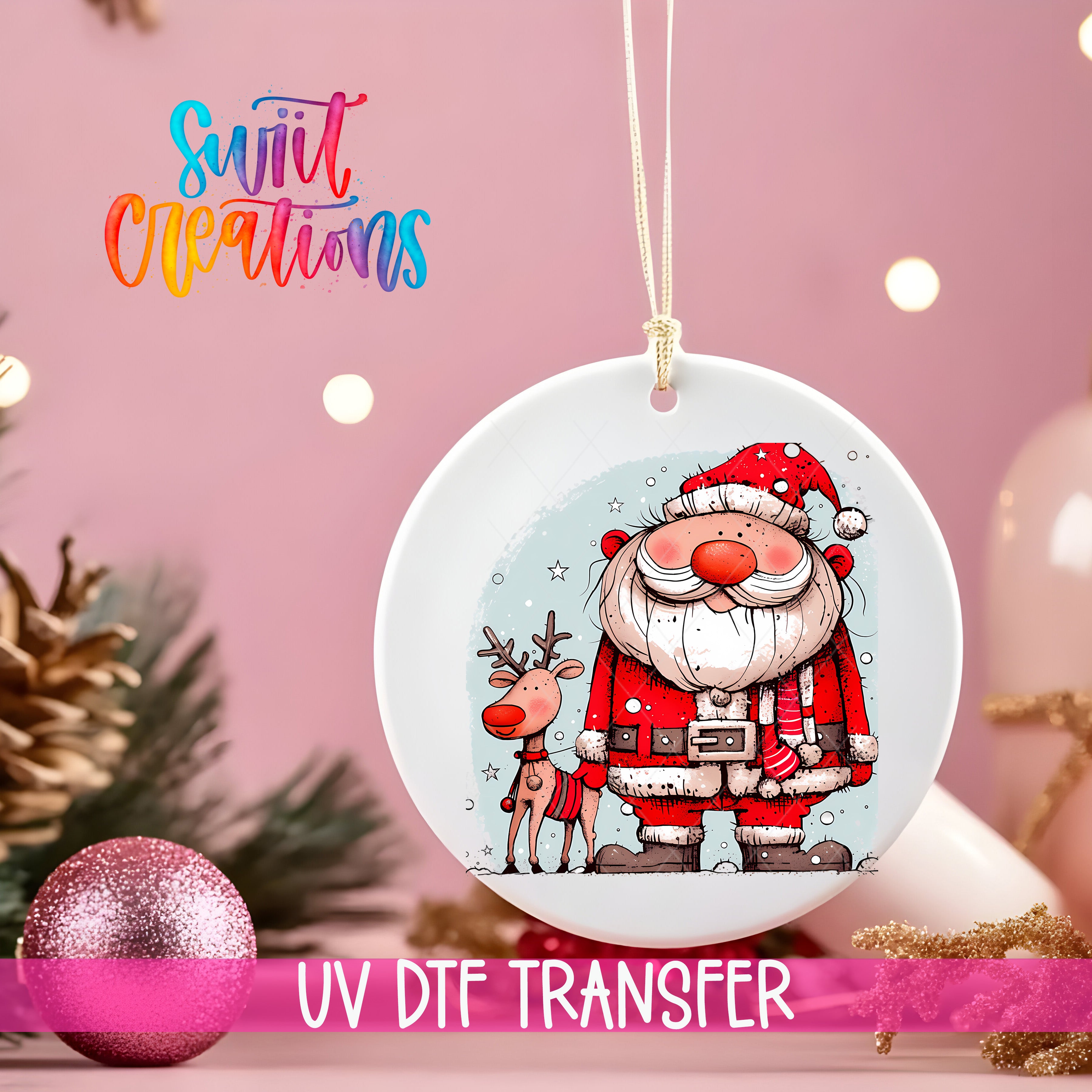 A white ceramic ornament featuring a Santa Claus and a reindeer, with the text "UV Dtf Transfer" below the ornament.