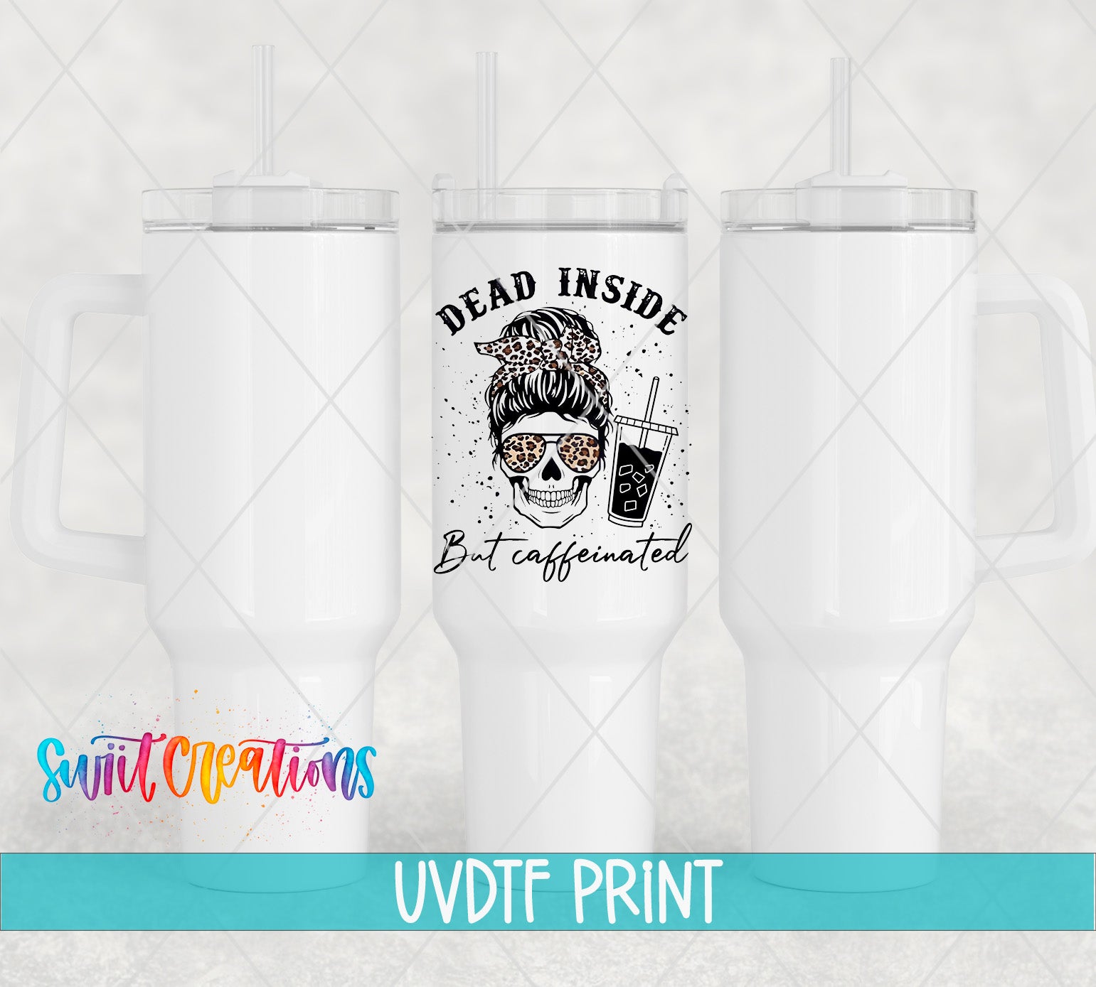 a white ceramic mug with a printed design on it, including a skull and the text "Dead Inside But caffeinated".