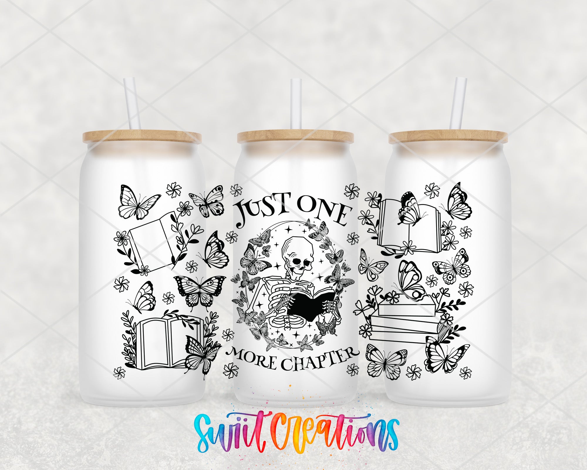 three white tumblers with black and white illustrations and text on them.