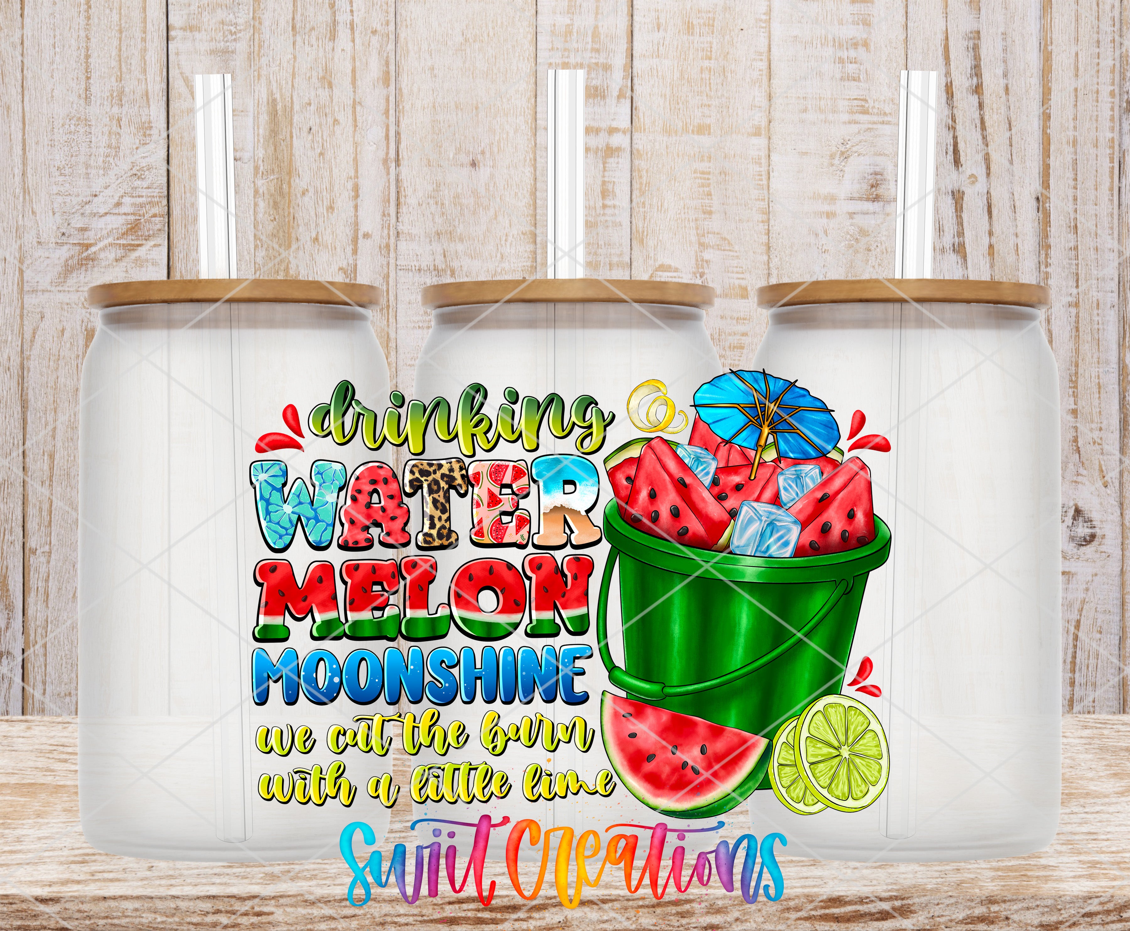 a colorful illustration of a bucket filled with watermelon slices and a lemon, accompanied by the text "drinking watermelon moonshine we cut the bannas with a little lime".
