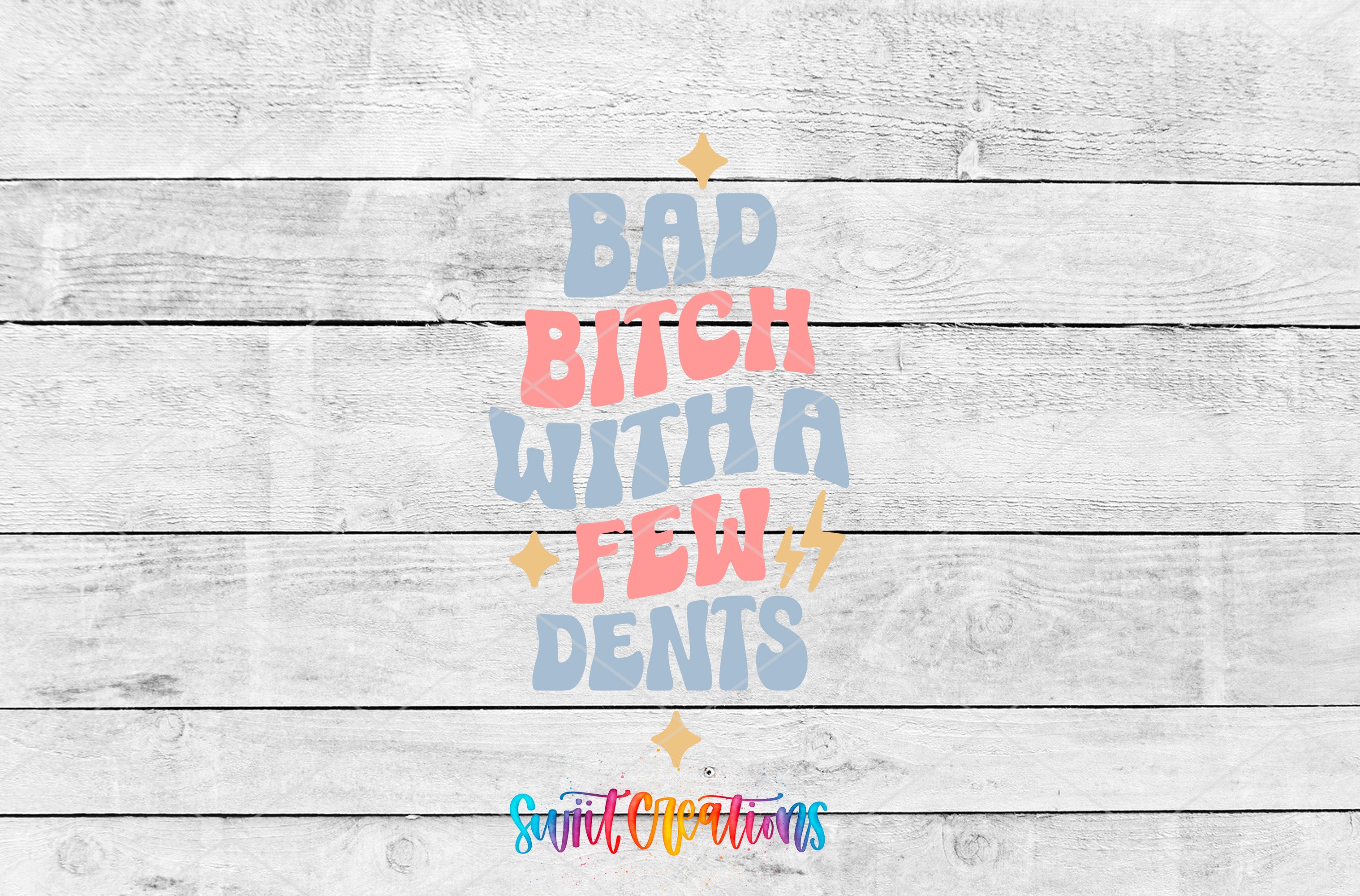a colorful text overlay on a white wooden background.