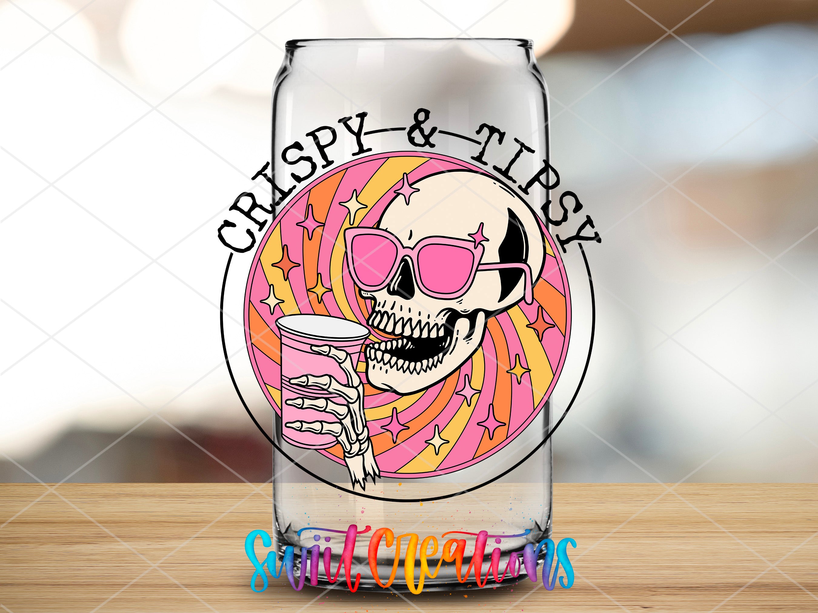 a glass with a skull holding a drink