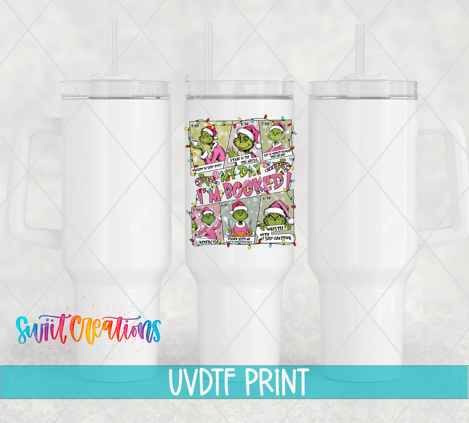 a white tumbler with a picture of the grin on it