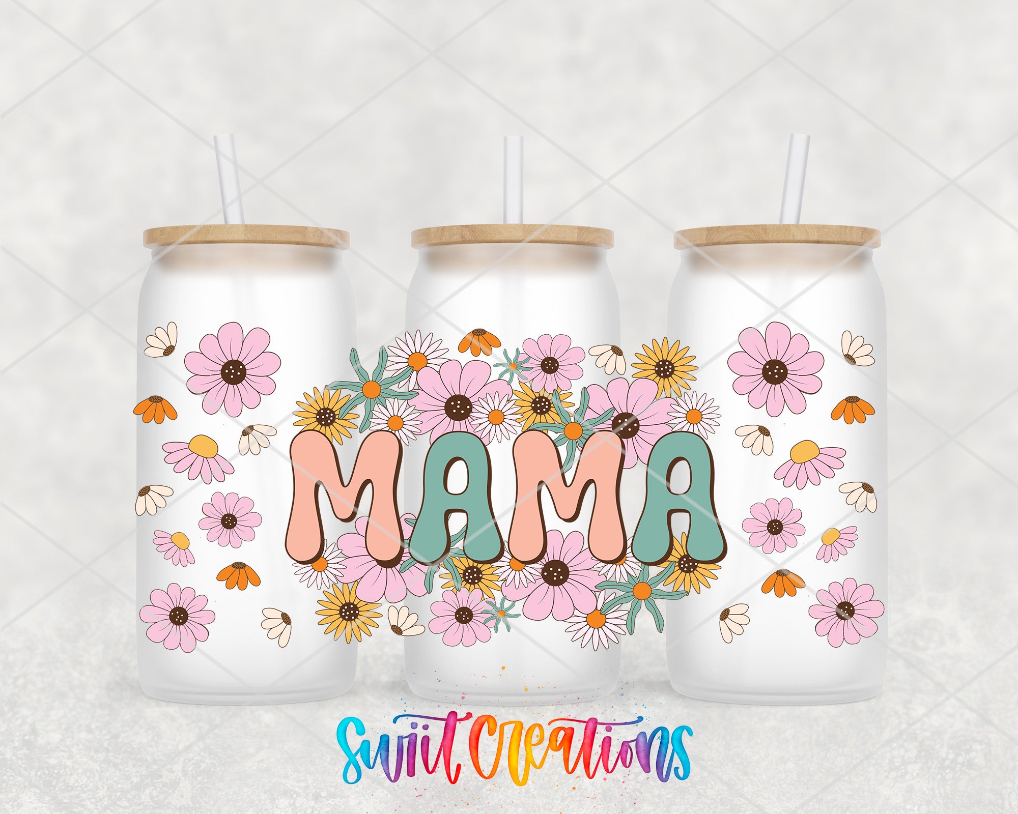 three white glass tumblers with floral designs and the word "MAMA" written on them.
