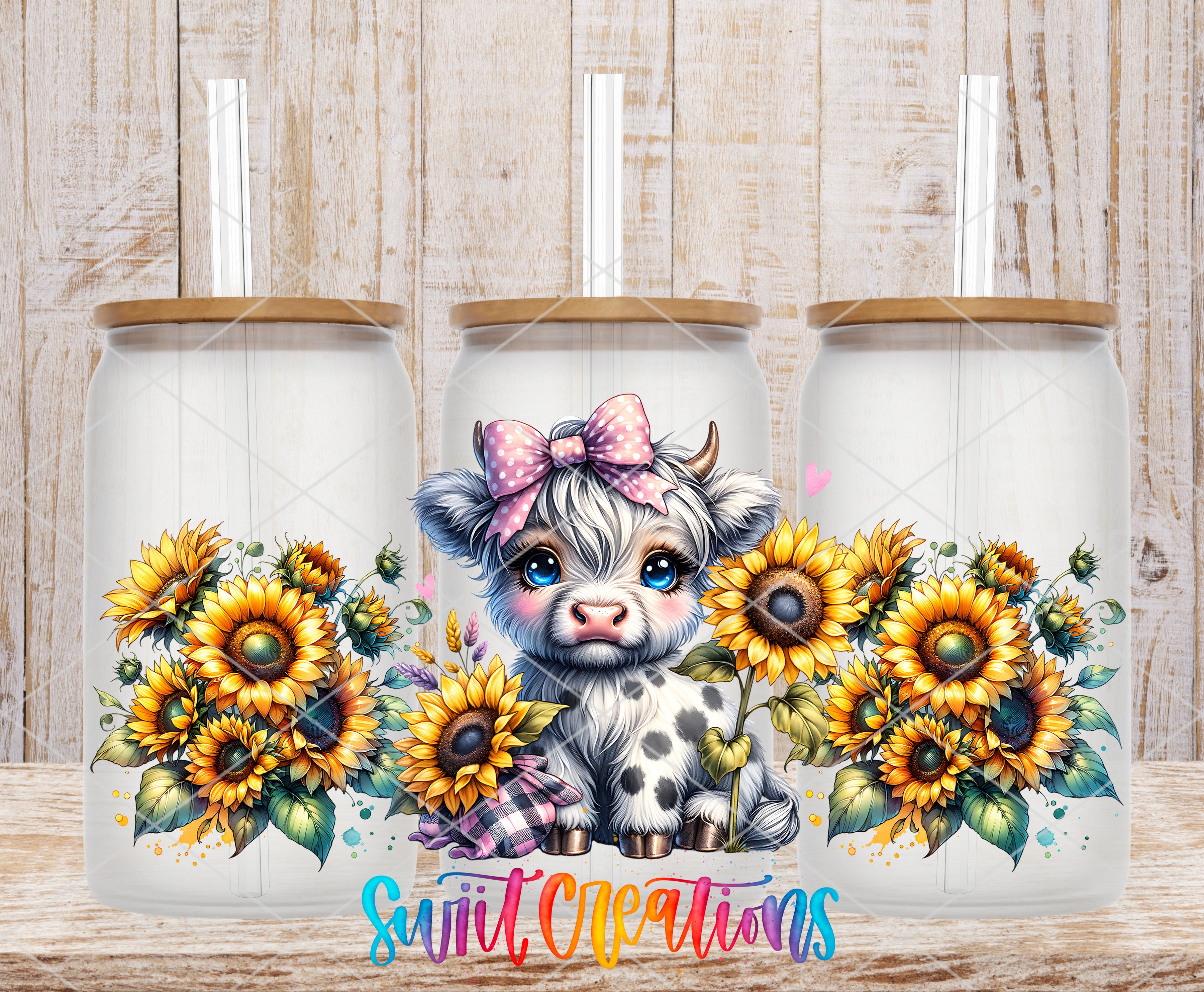 three glass jars with a cow design and sunflowers on them, set against a wooden background.