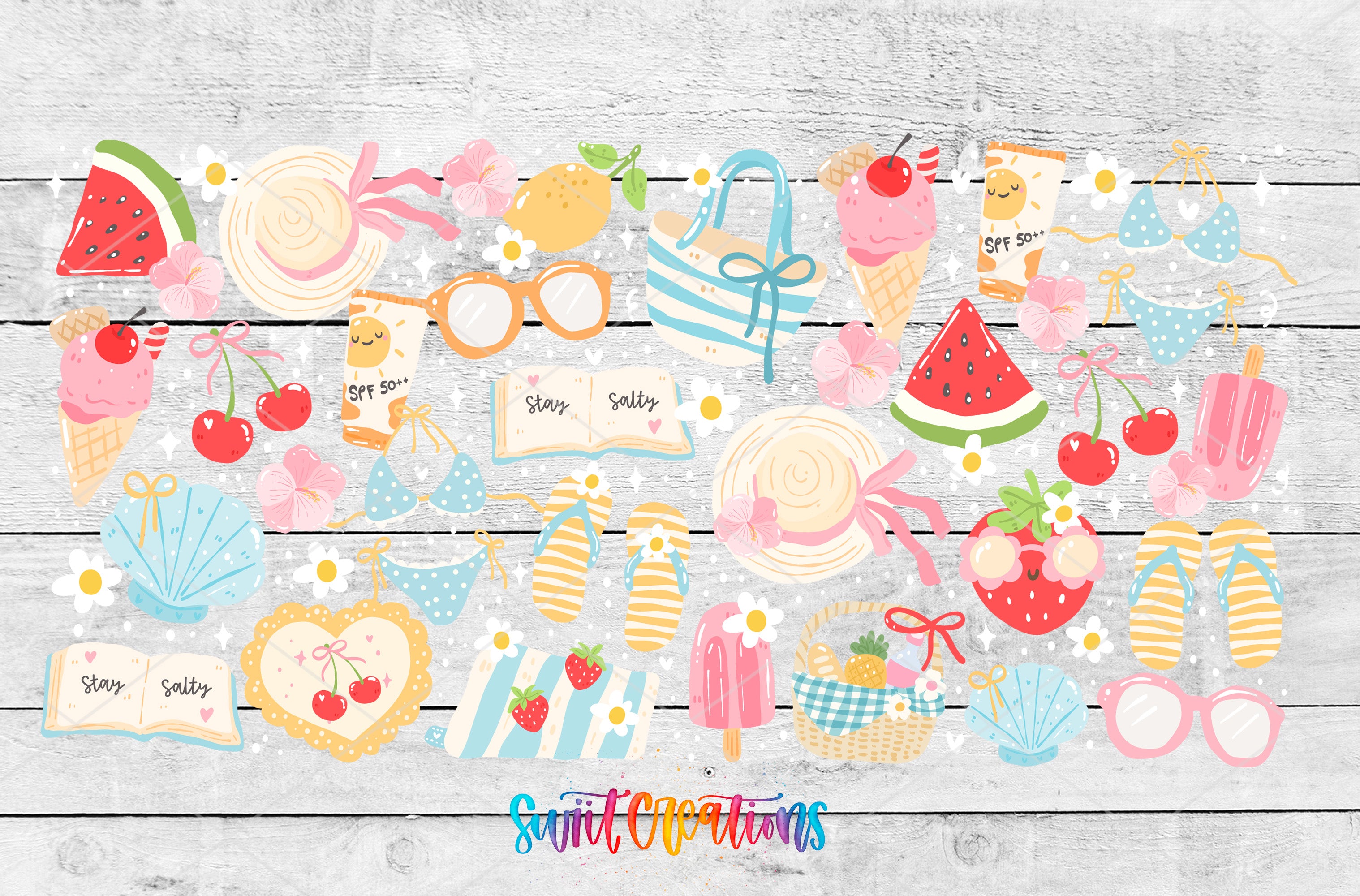 a wooden table topped with lots of different items