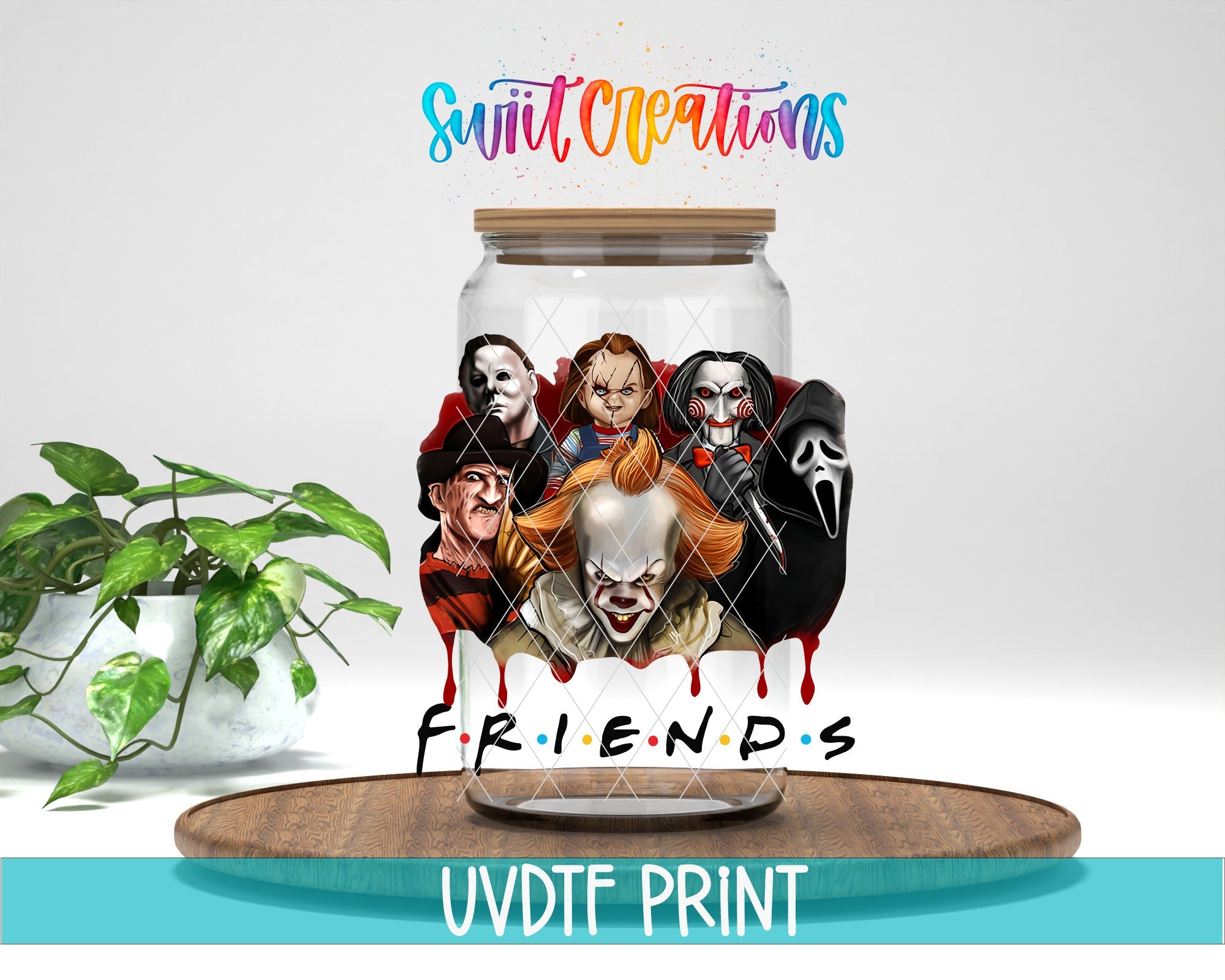 a glass jar with a picture of a group of clowns inside of it