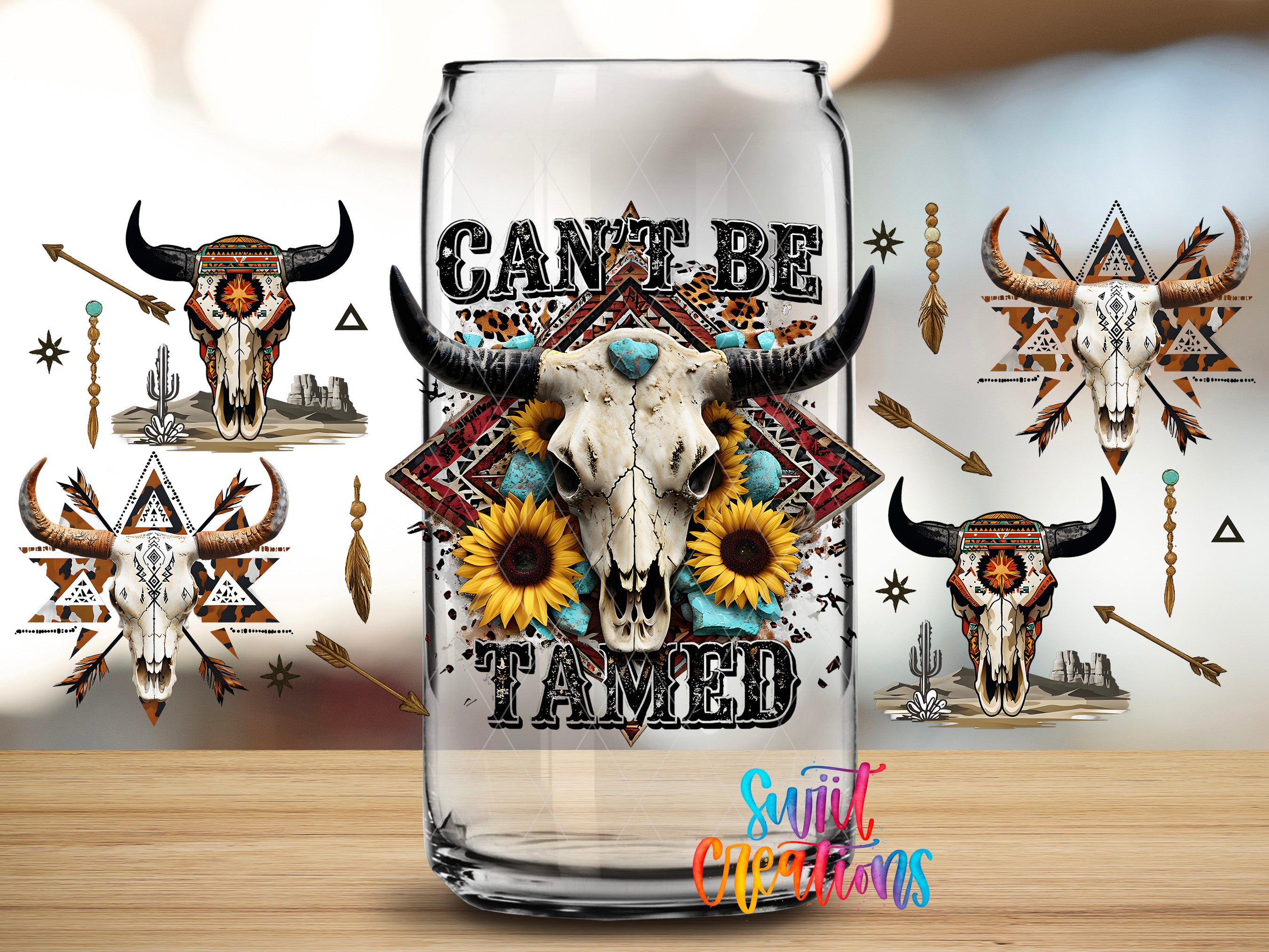 a glass can with a design of a skull and sunflowers, along with the text "CAN'T BE TAMED" and various decorative elements such as arrows and cacti.