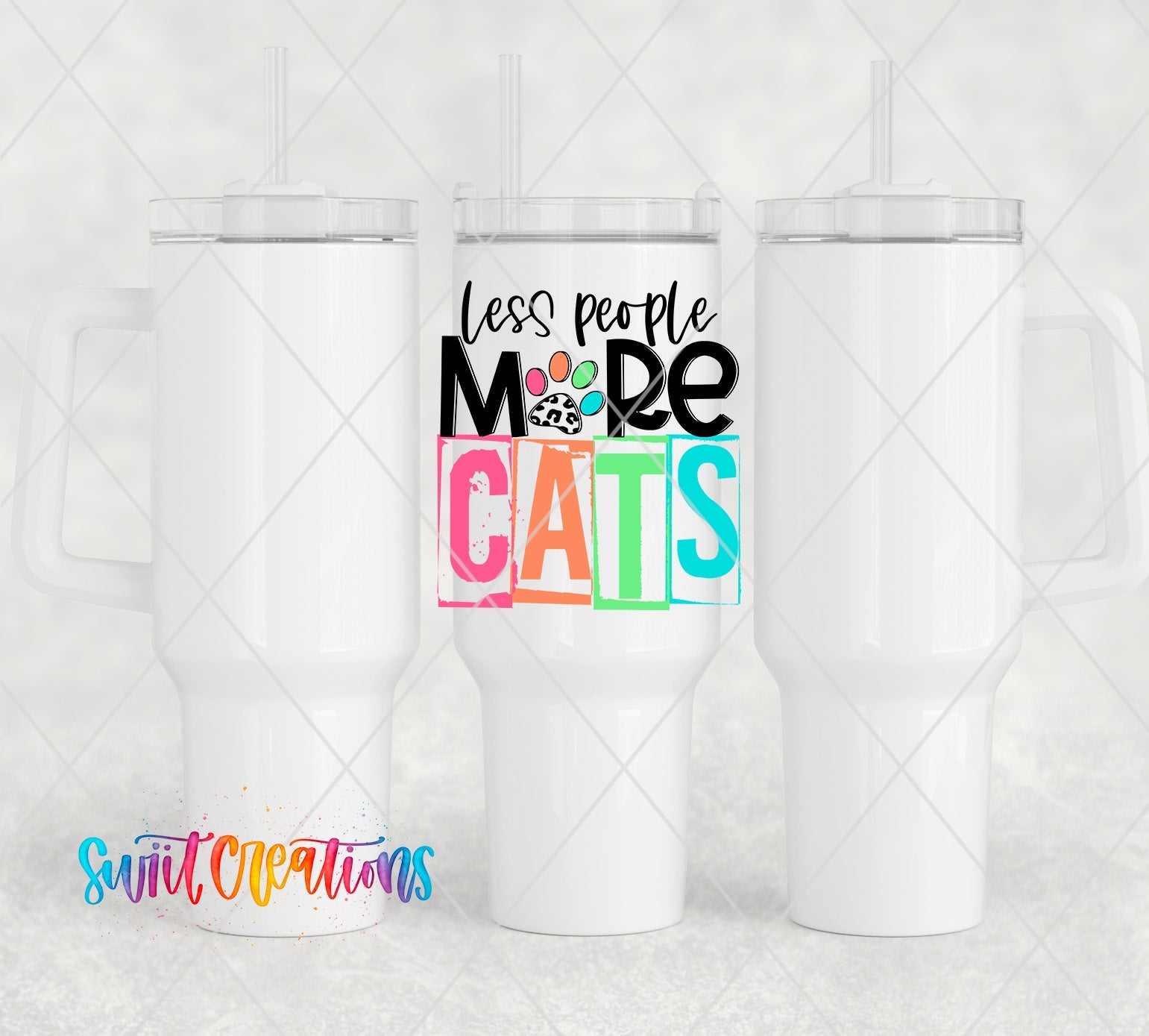 three white tumbles with the words less people more cats on them