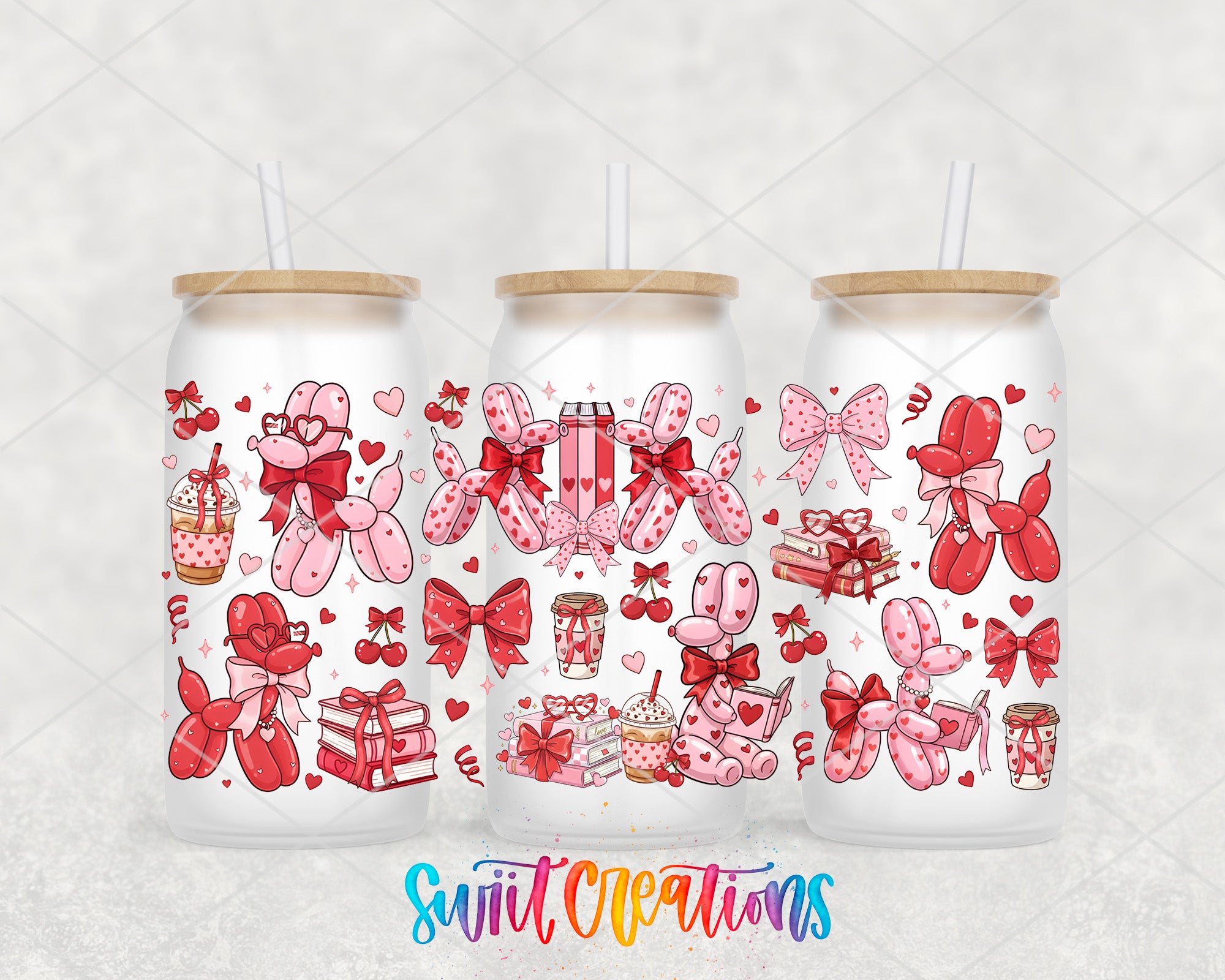 three glass tumblers with a pink and red color scheme, decorated with various illustrations such as balloons, cakes, and bows.