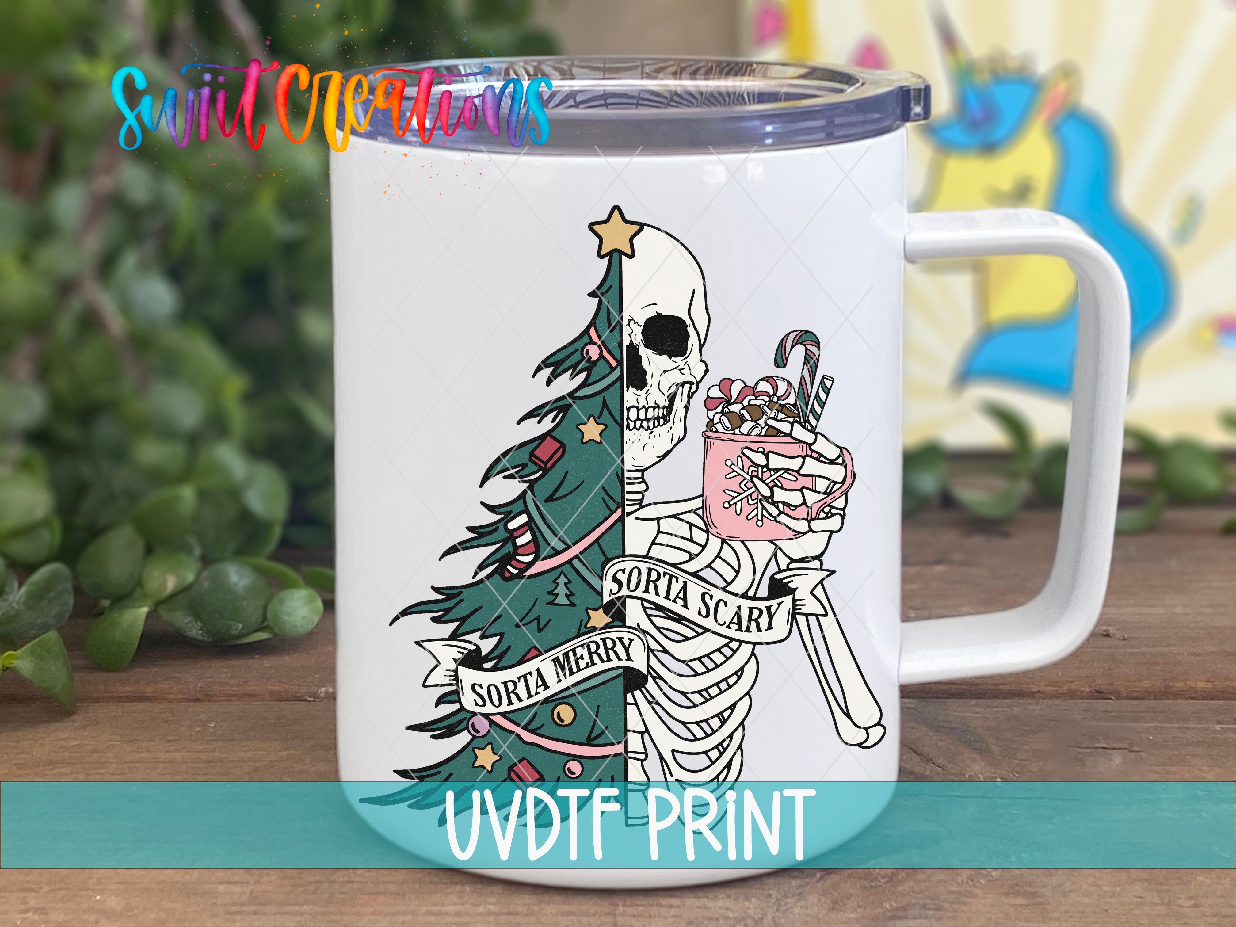 a white coffee mug with a skeleton holding a christmas tree