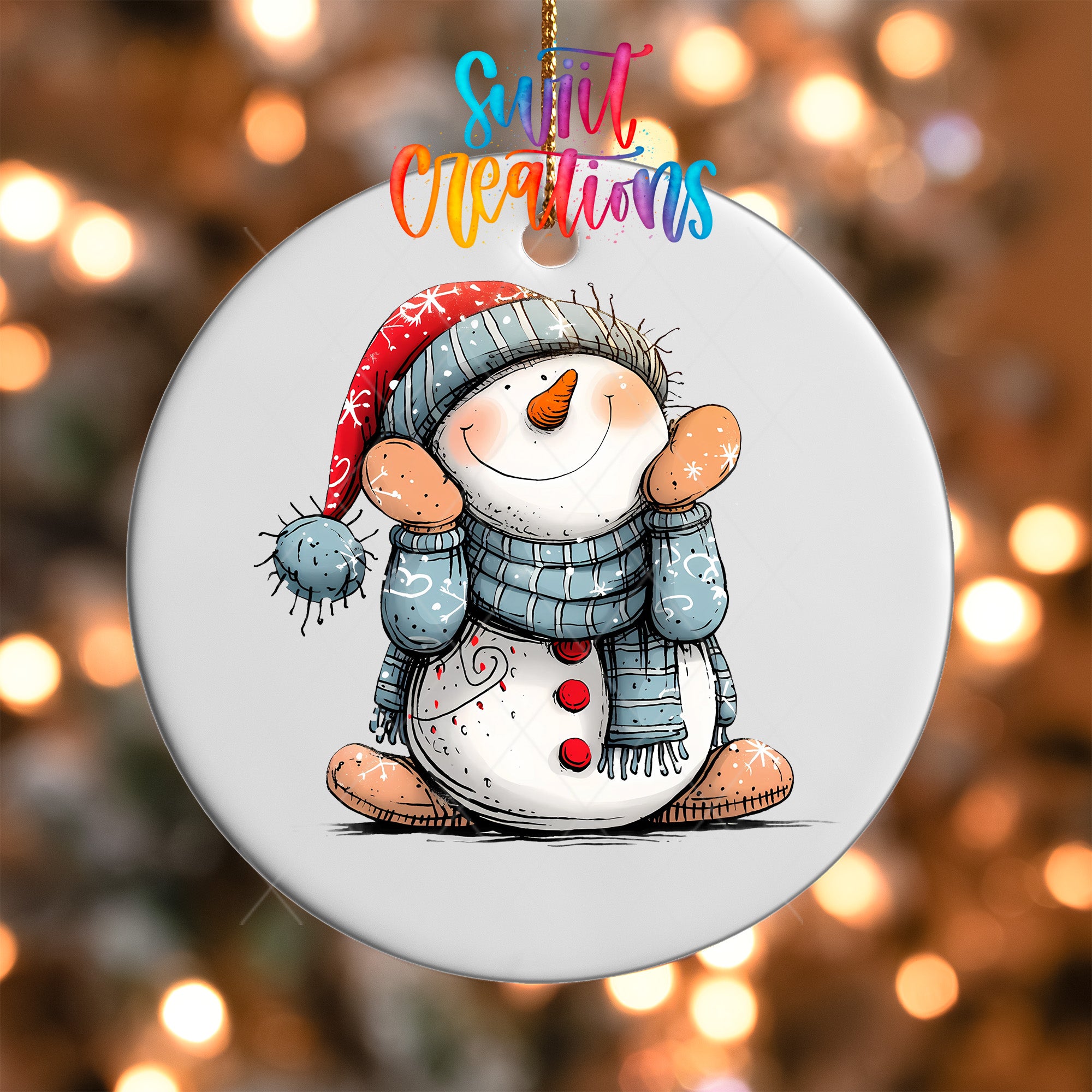 A snowman ornament with a red hat, blue scarf, and a carrot nose, sitting on a white background with a colorful background.